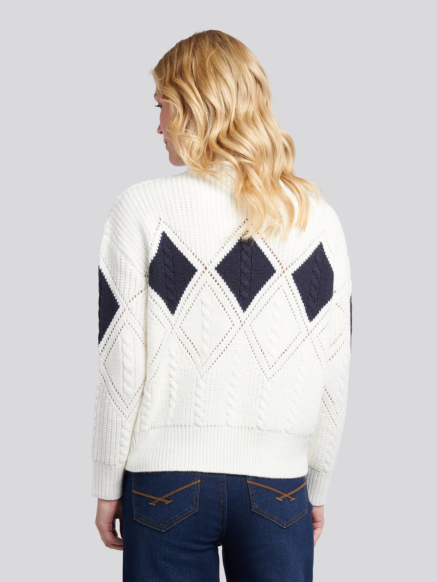 Womens Cable Argyle Mock Neck Jumper in Egret - Image 4