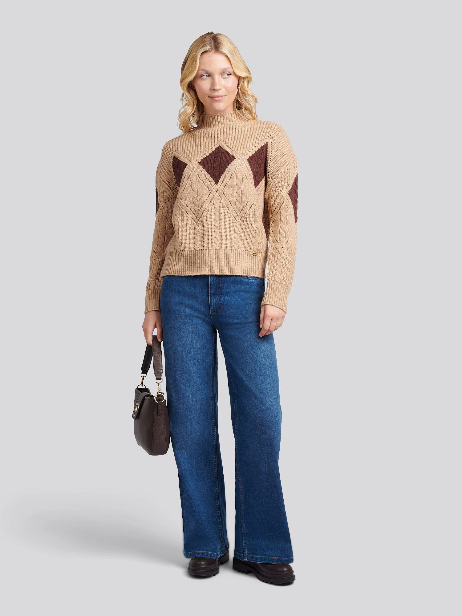 Womens Cable Argyle Mock Neck Jumper in Natural - Image 3