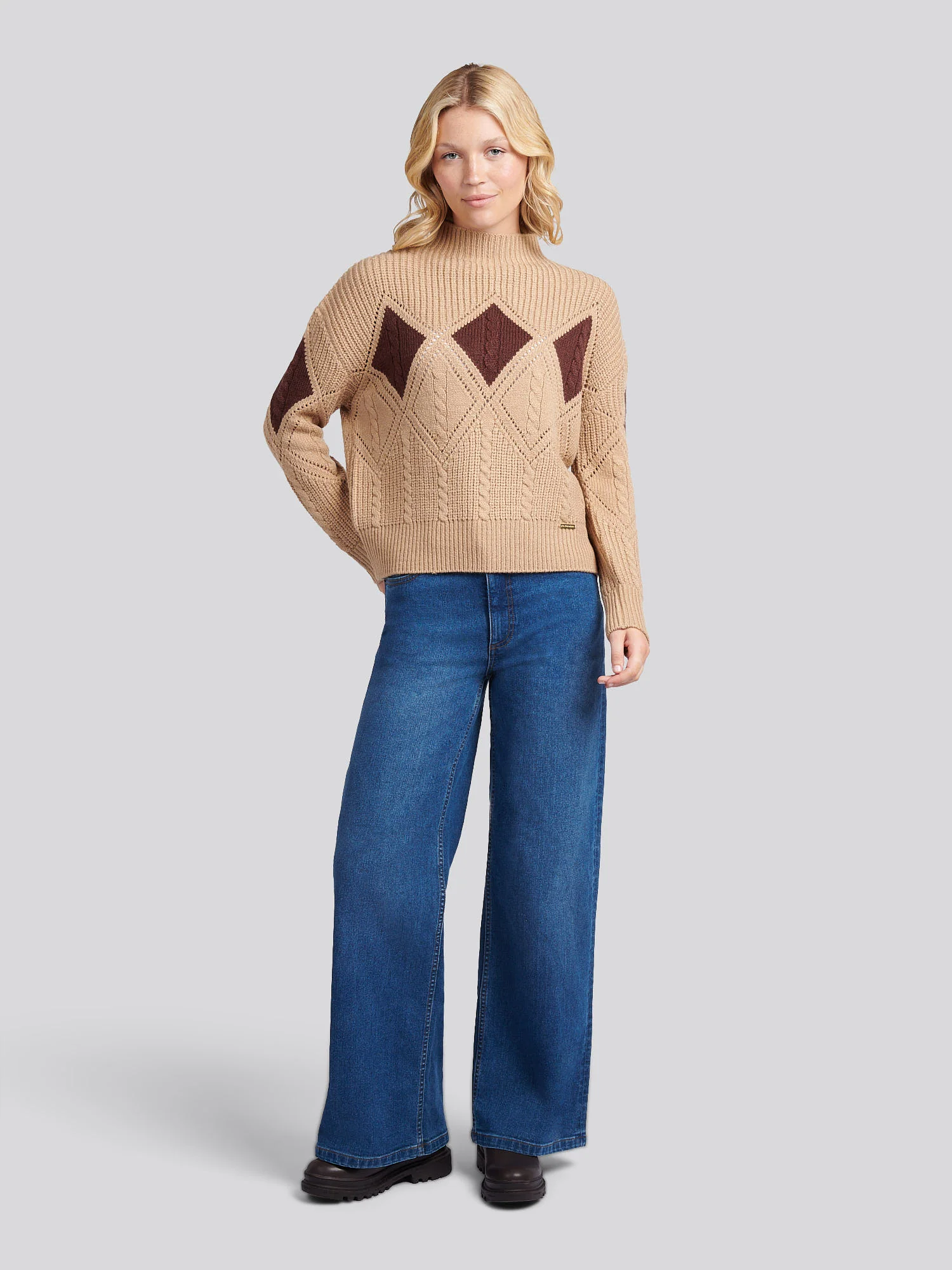 Womens Cable Argyle Mock Neck Jumper in Natural - Image 5