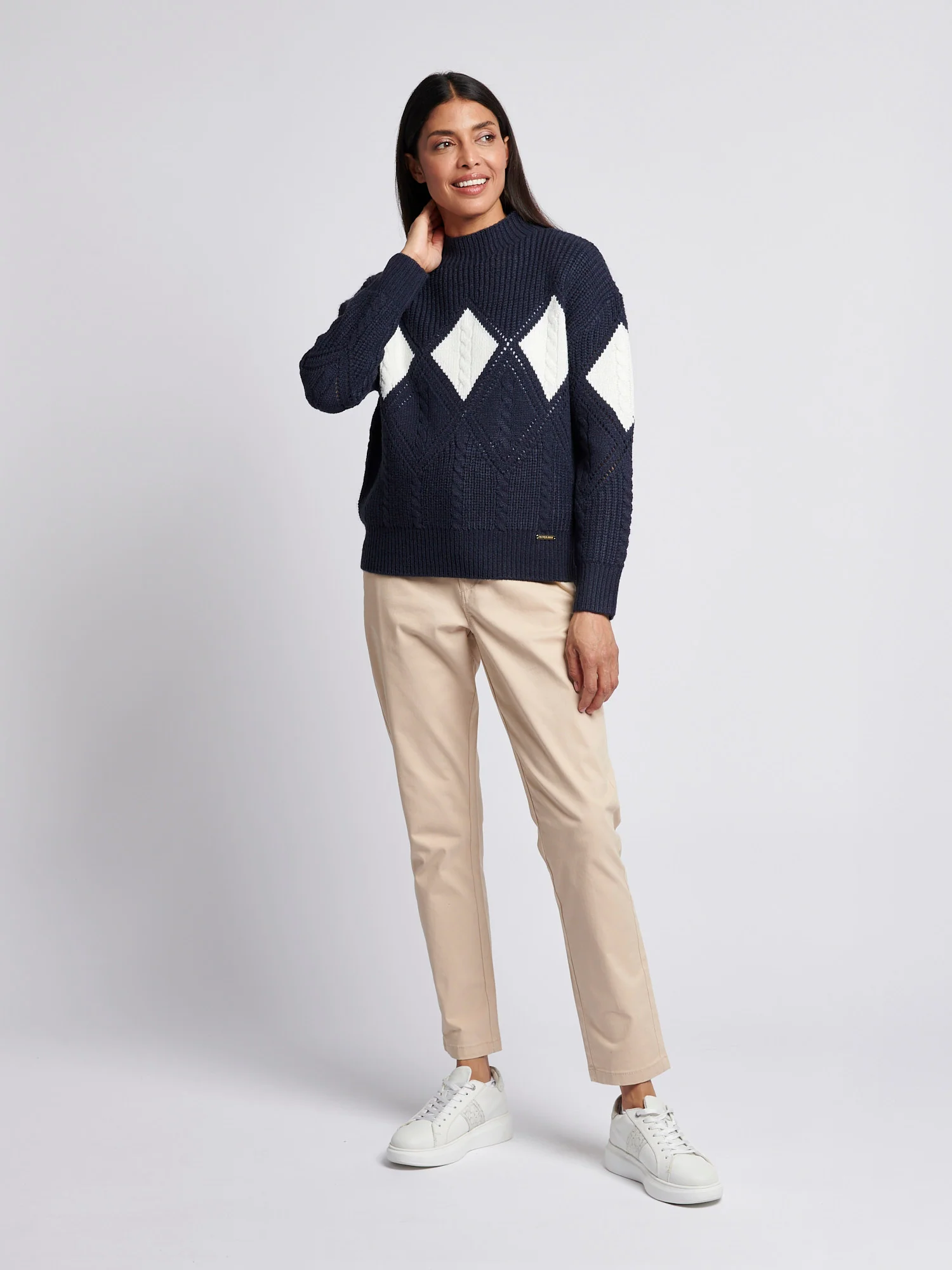 Womens Cable Argyle Mock Neck Jumper in Navy Iris - Image 3