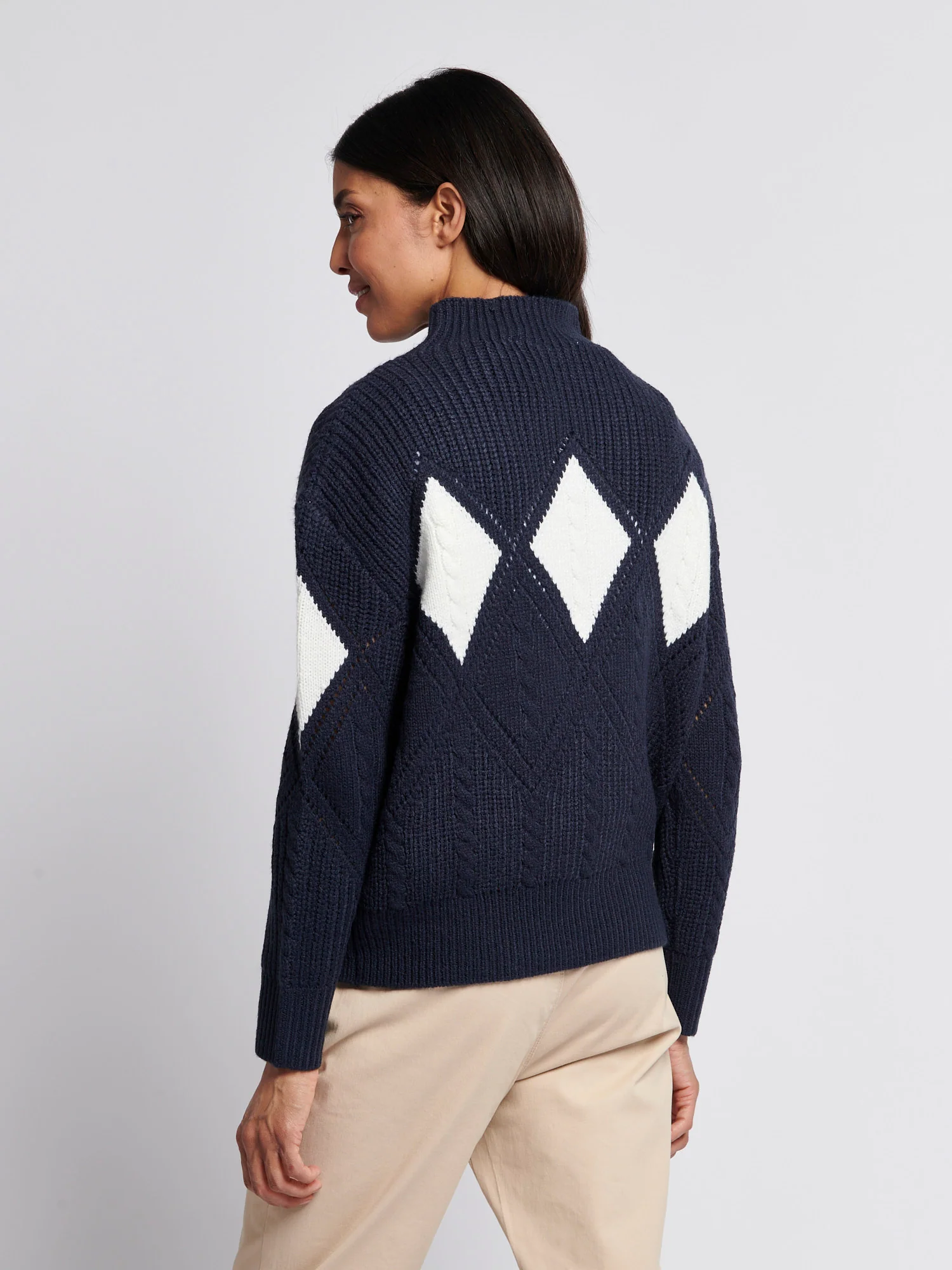 Womens Cable Argyle Mock Neck Jumper in Navy Iris - Image 4