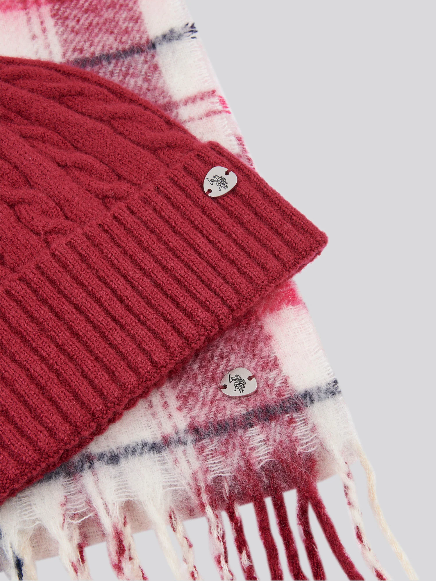 Womens Cable Beanie & Check Scarf Box Set in Beet Red - Image 4