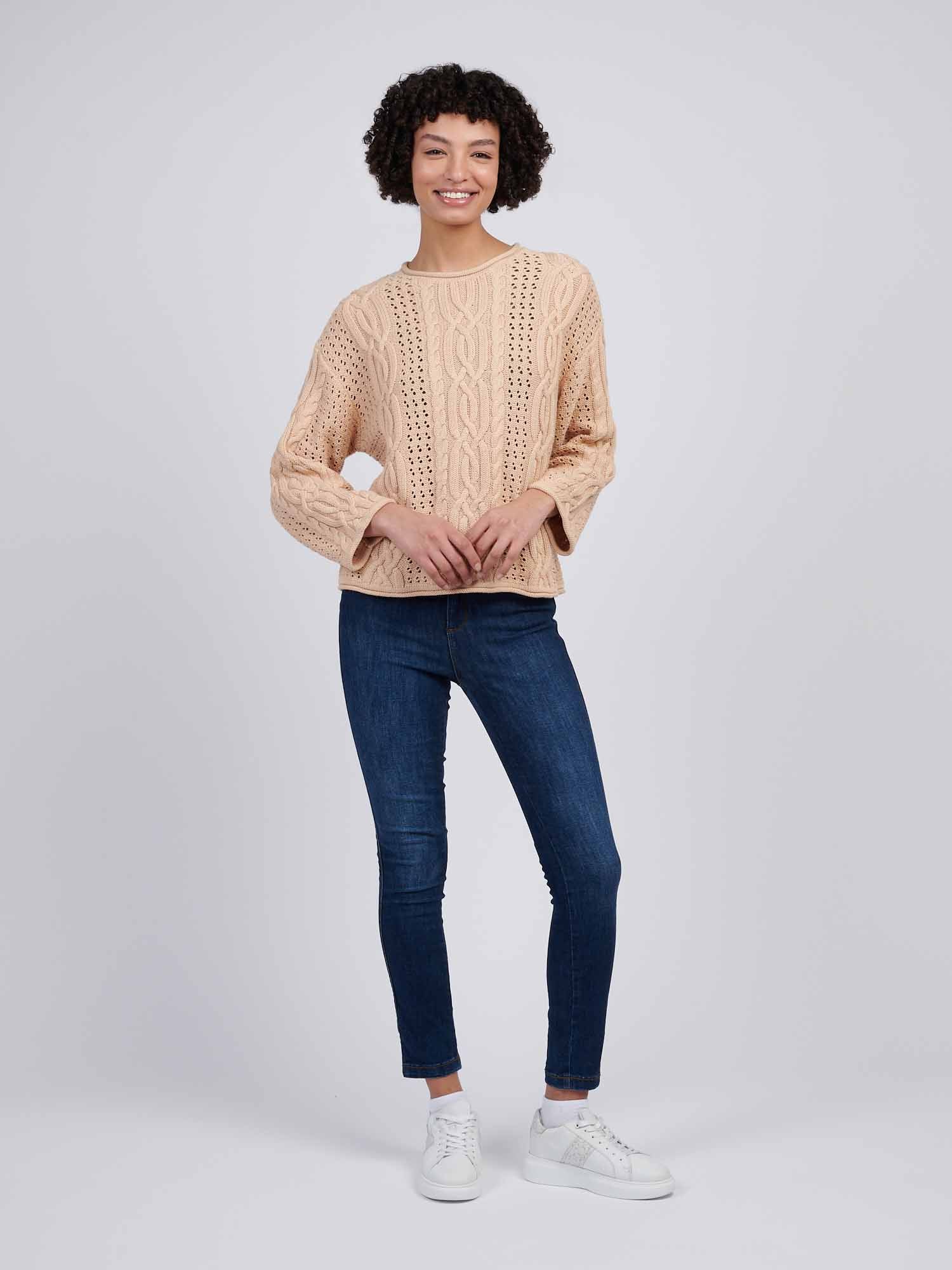 Womens Chunky Cable Open Knit Jumper in Smoke Gray - Image 3