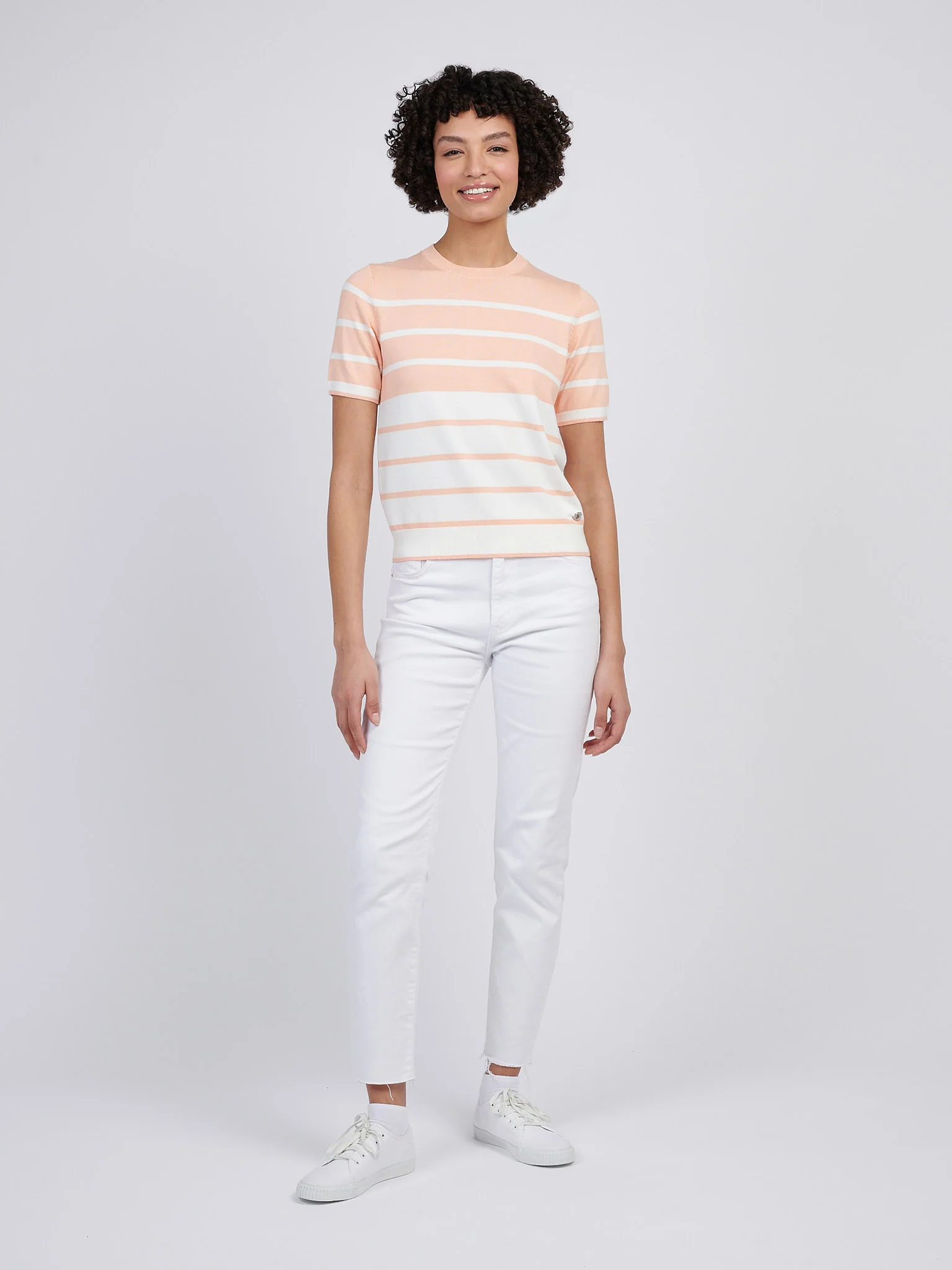 Womens Colour Block Stripe Short Sleeve Jumper in Peach Nectar - Image 3