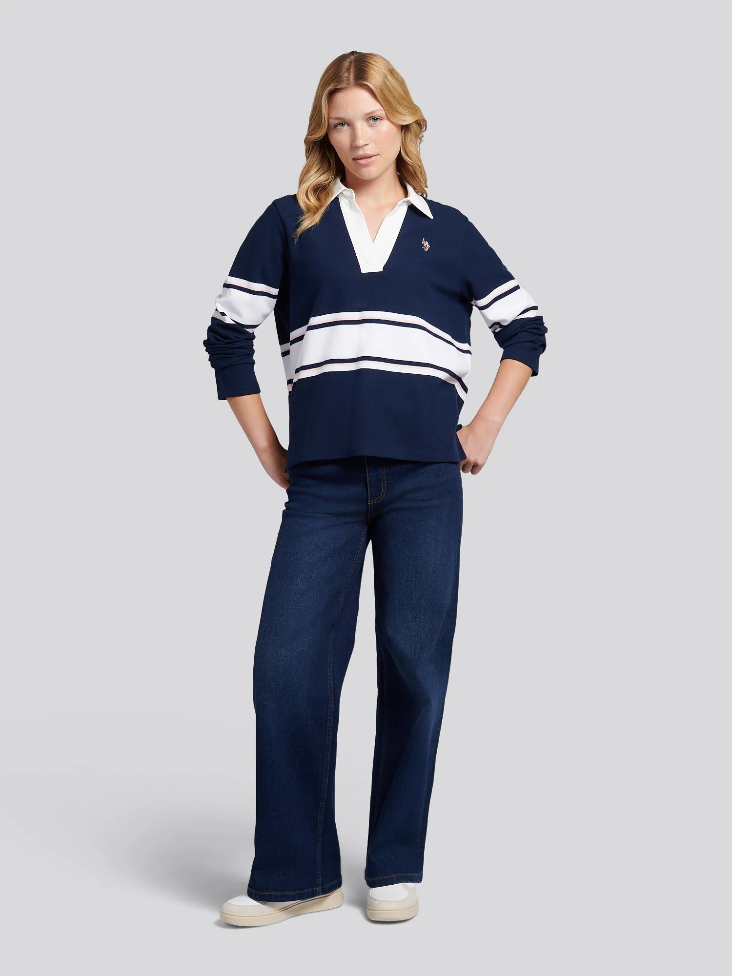Womens Contrast Collar Stripe Rugby Top in Navy Iris - Image 3