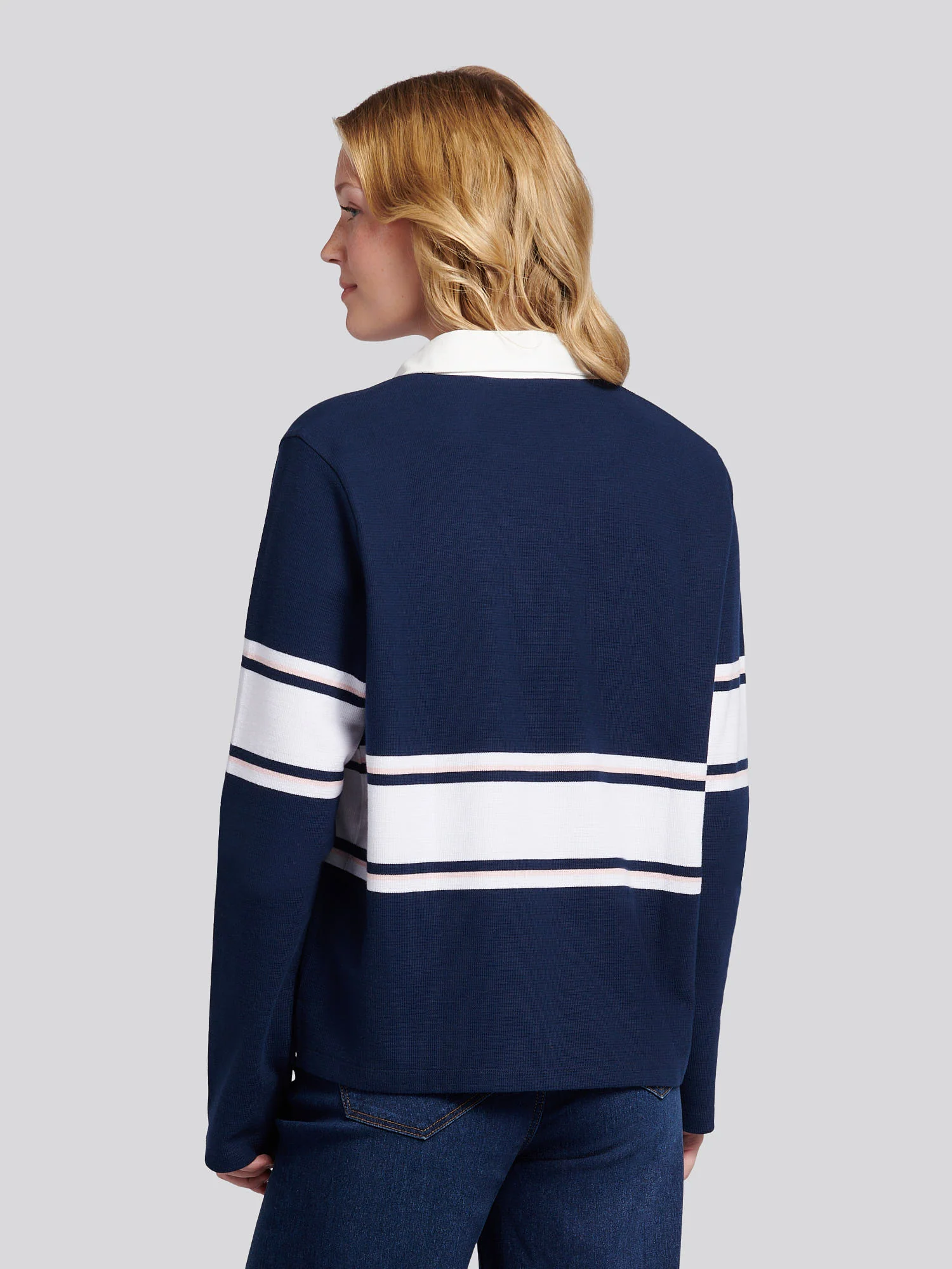 Womens Contrast Collar Stripe Rugby Top in Navy Iris - Image 4
