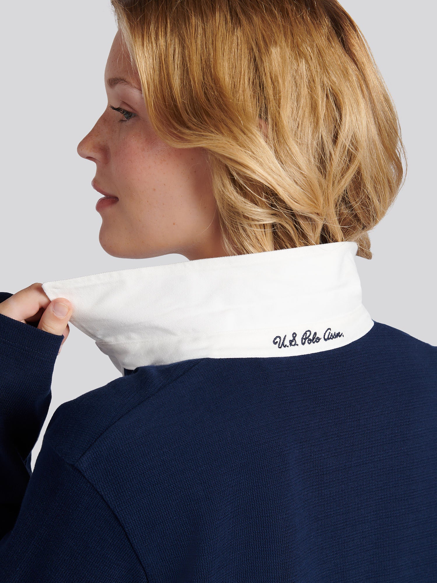 Womens Contrast Collar Stripe Rugby Top in Navy Iris - Image 5