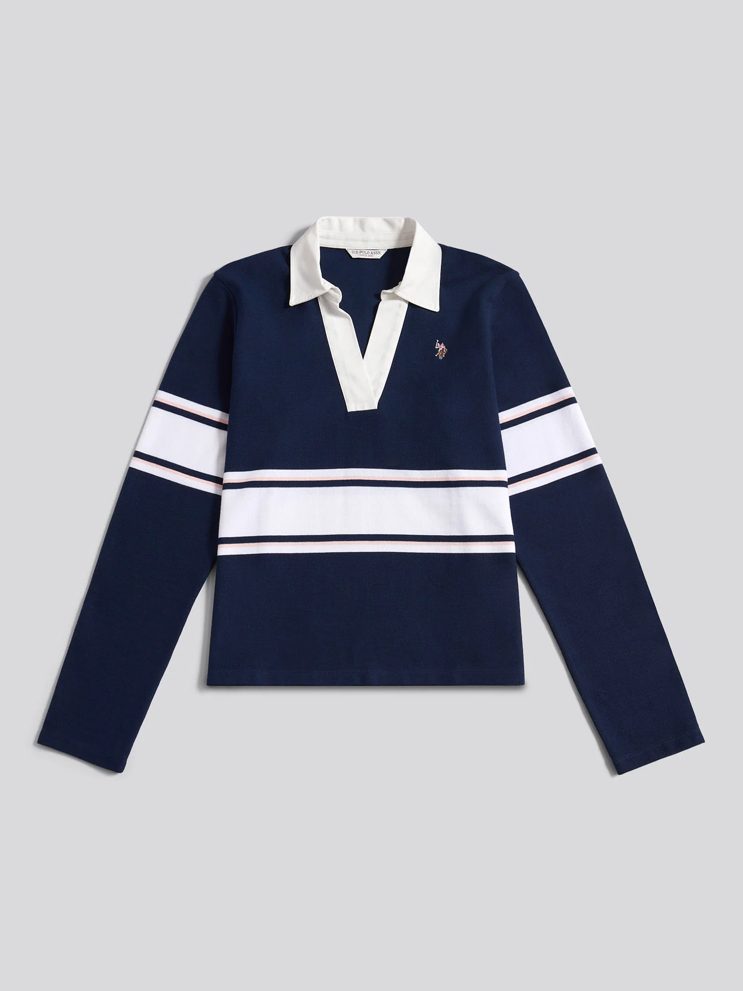 Womens Contrast Collar Stripe Rugby Top in Navy Iris - Image 6