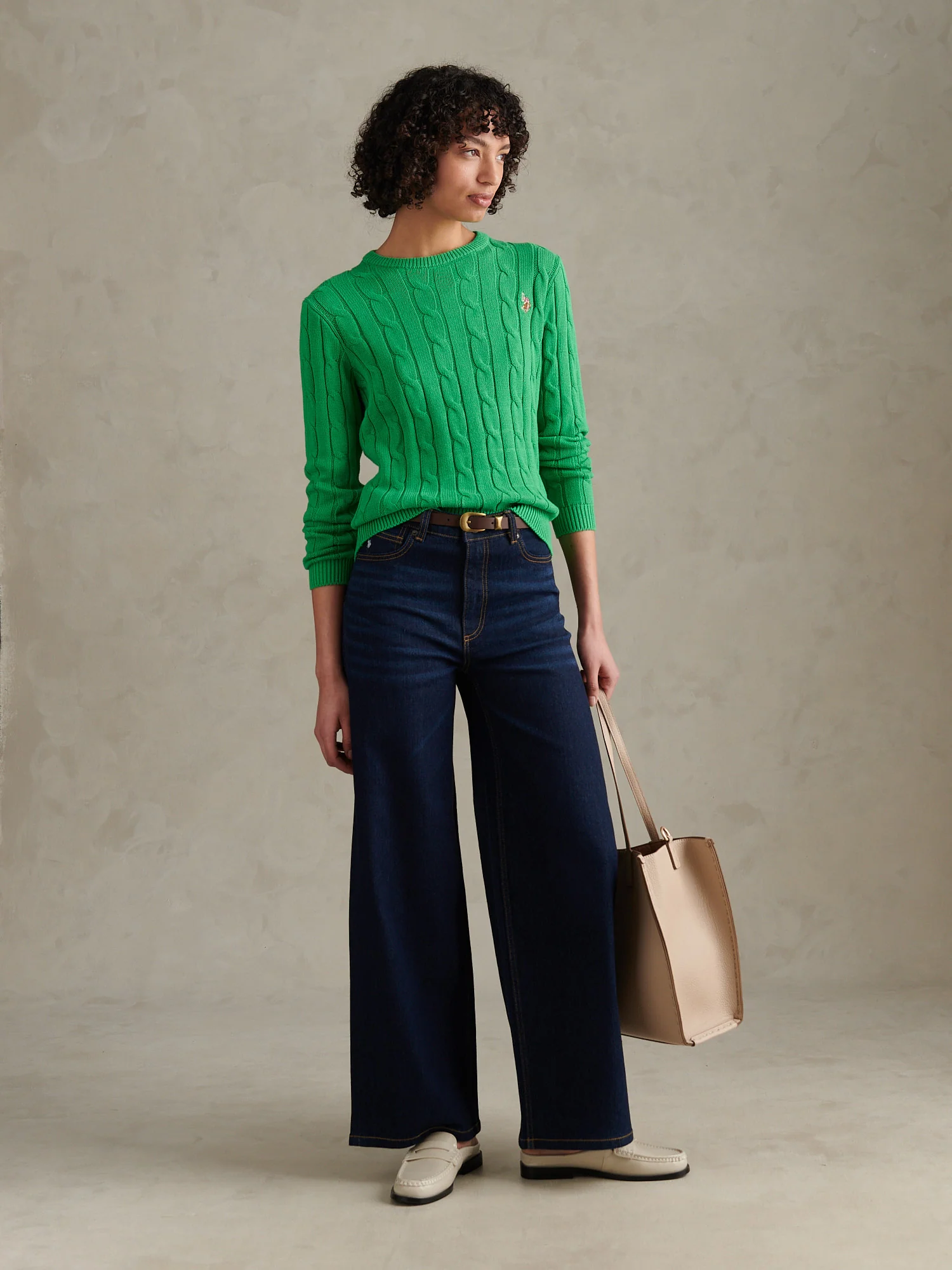 Womens Crew Neck Cable Jumper Kelly Green - Image 3