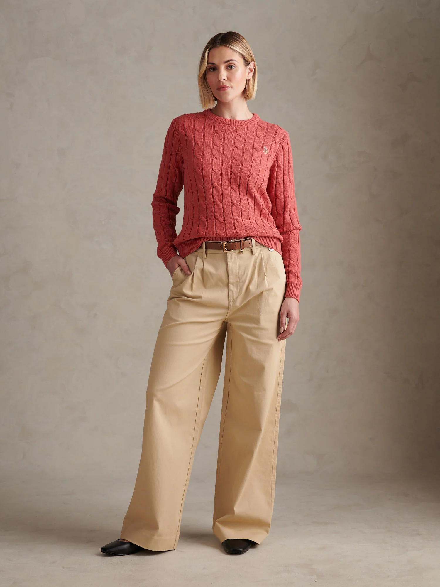 Womens Crew Neck Cable Jumper Mineral Red - Image 3