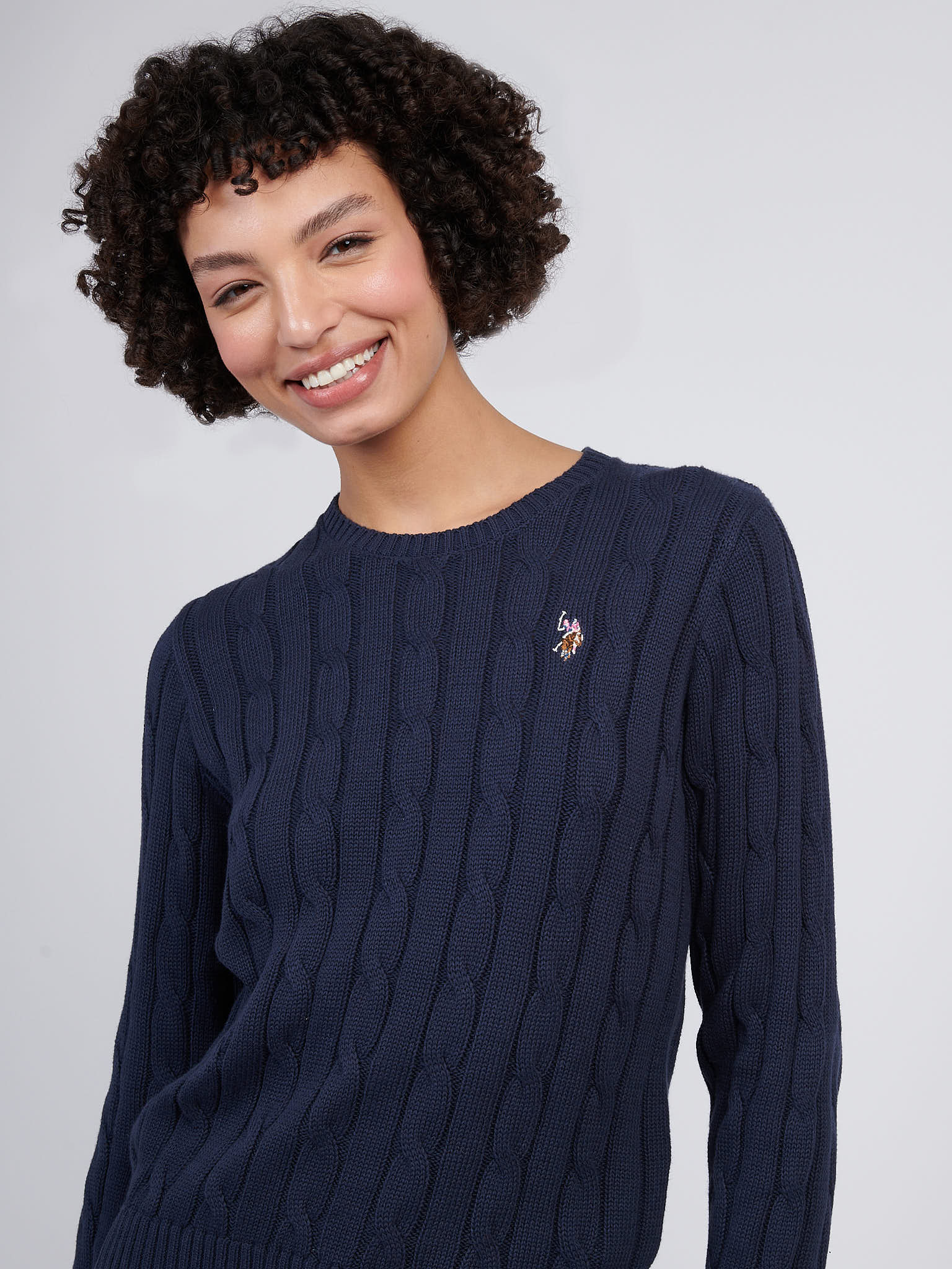 Womens Crew Neck Cable Jumper Navy Iris - Image 2