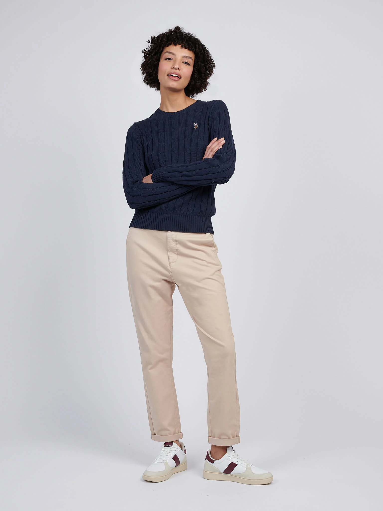 Womens Crew Neck Cable Jumper Navy Iris - Image 3