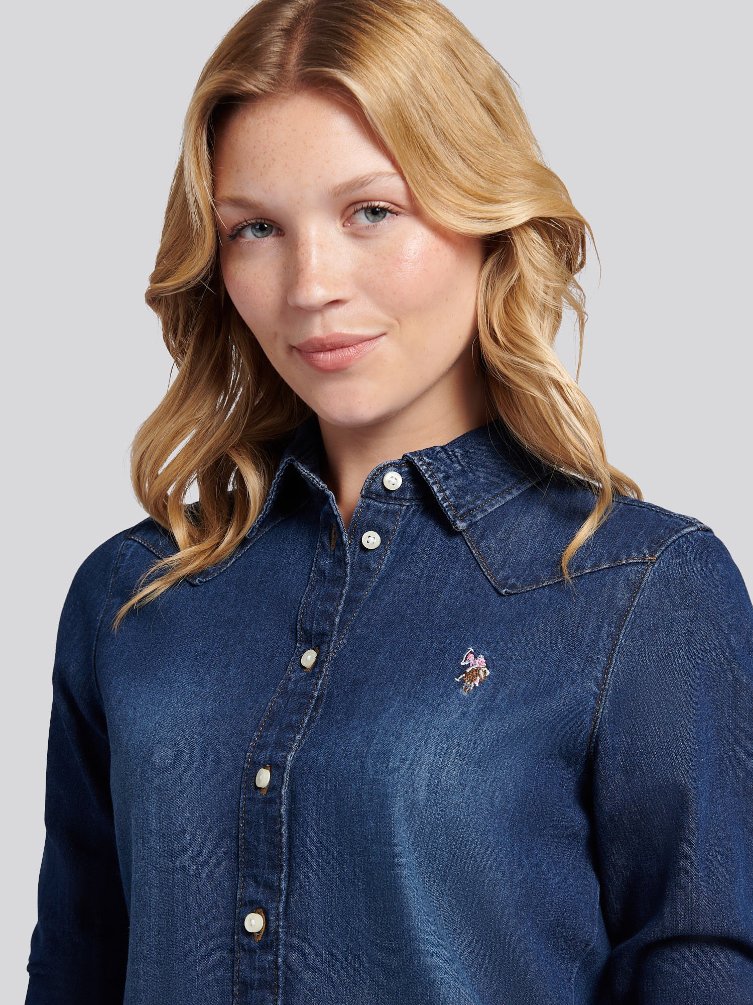 Womens Denim Shirt in Dark Blue Wash - Image 2