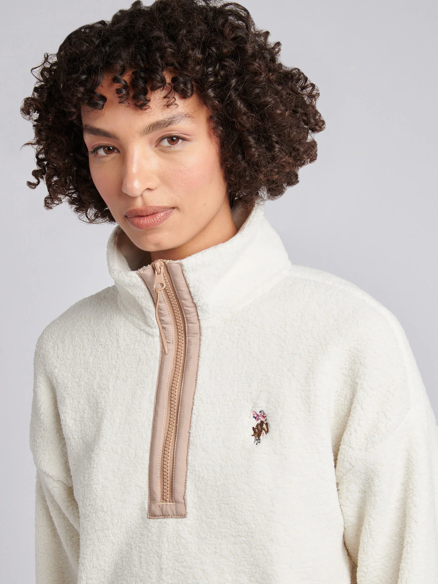 Womens Double Horsemen Borg 1/4 Zip in Marshmallow - Image 2