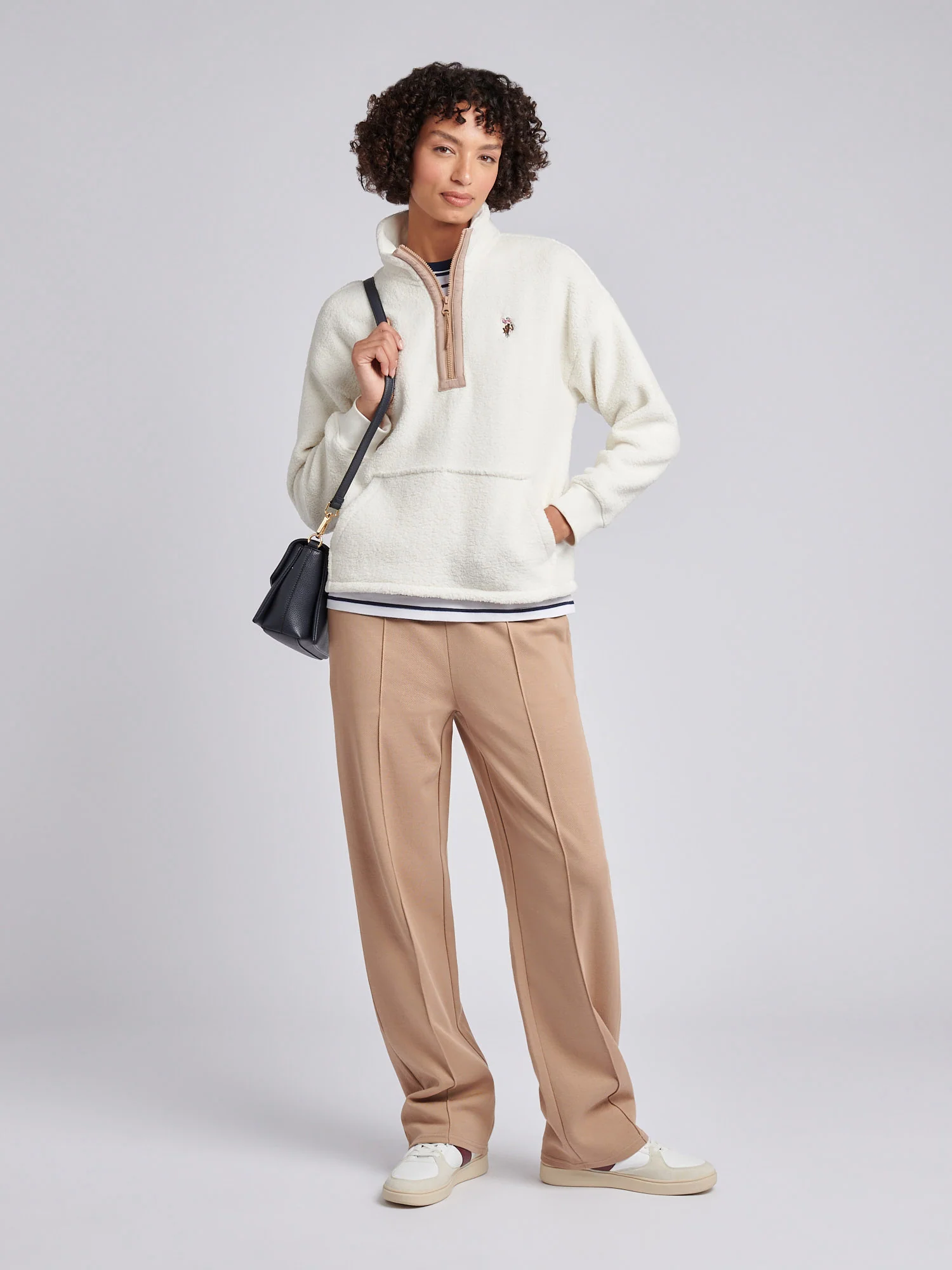 Womens Double Horsemen Borg 1/4 Zip in Marshmallow - Image 3