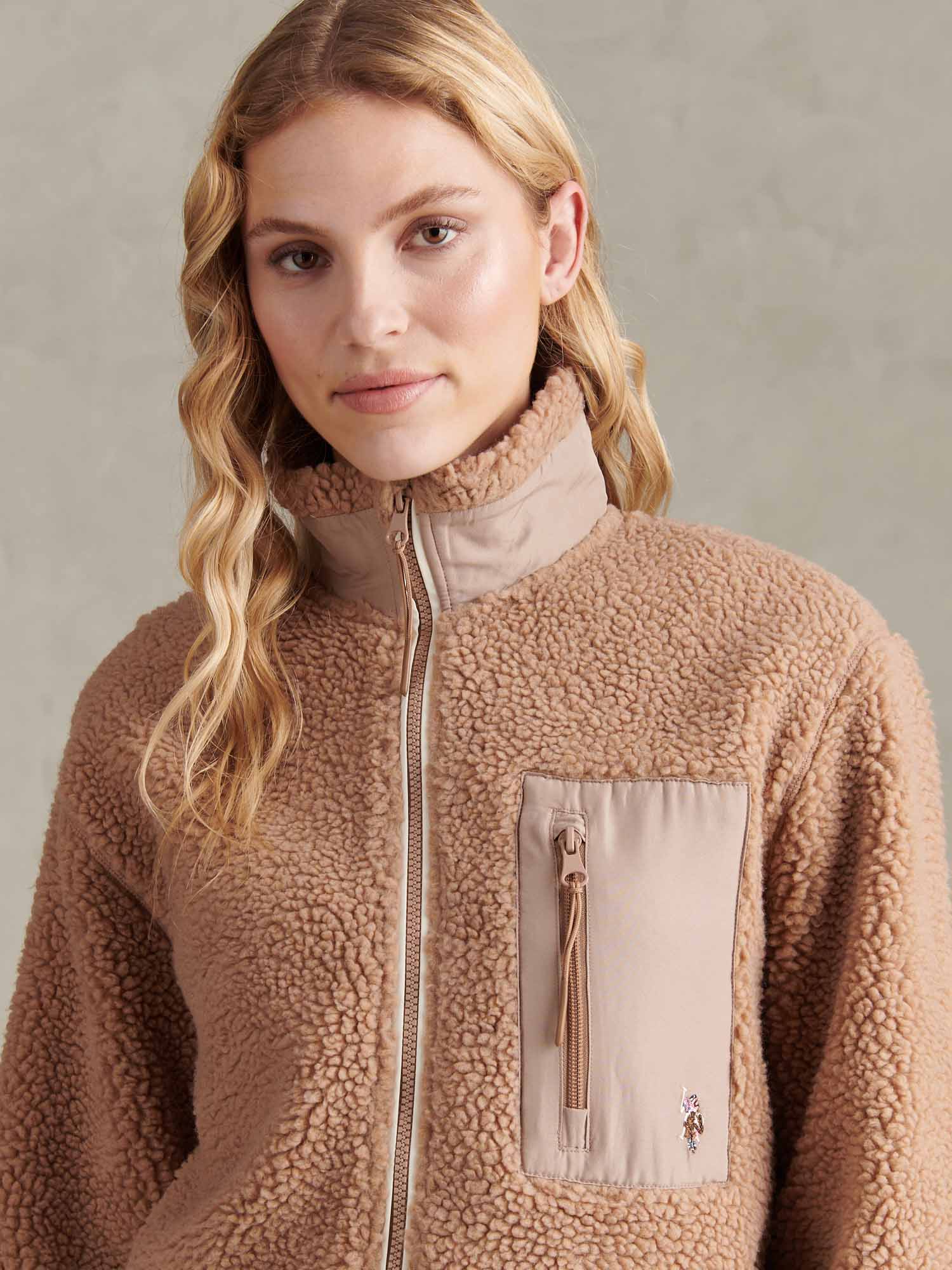 Womens Double Horsemen Borg Zip Funnel in Natural - Image 2