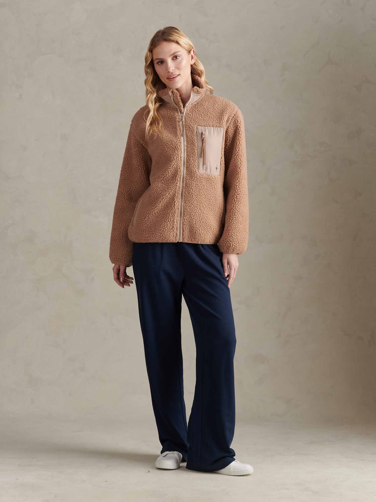 Womens Double Horsemen Borg Zip Funnel in Natural - Image 3