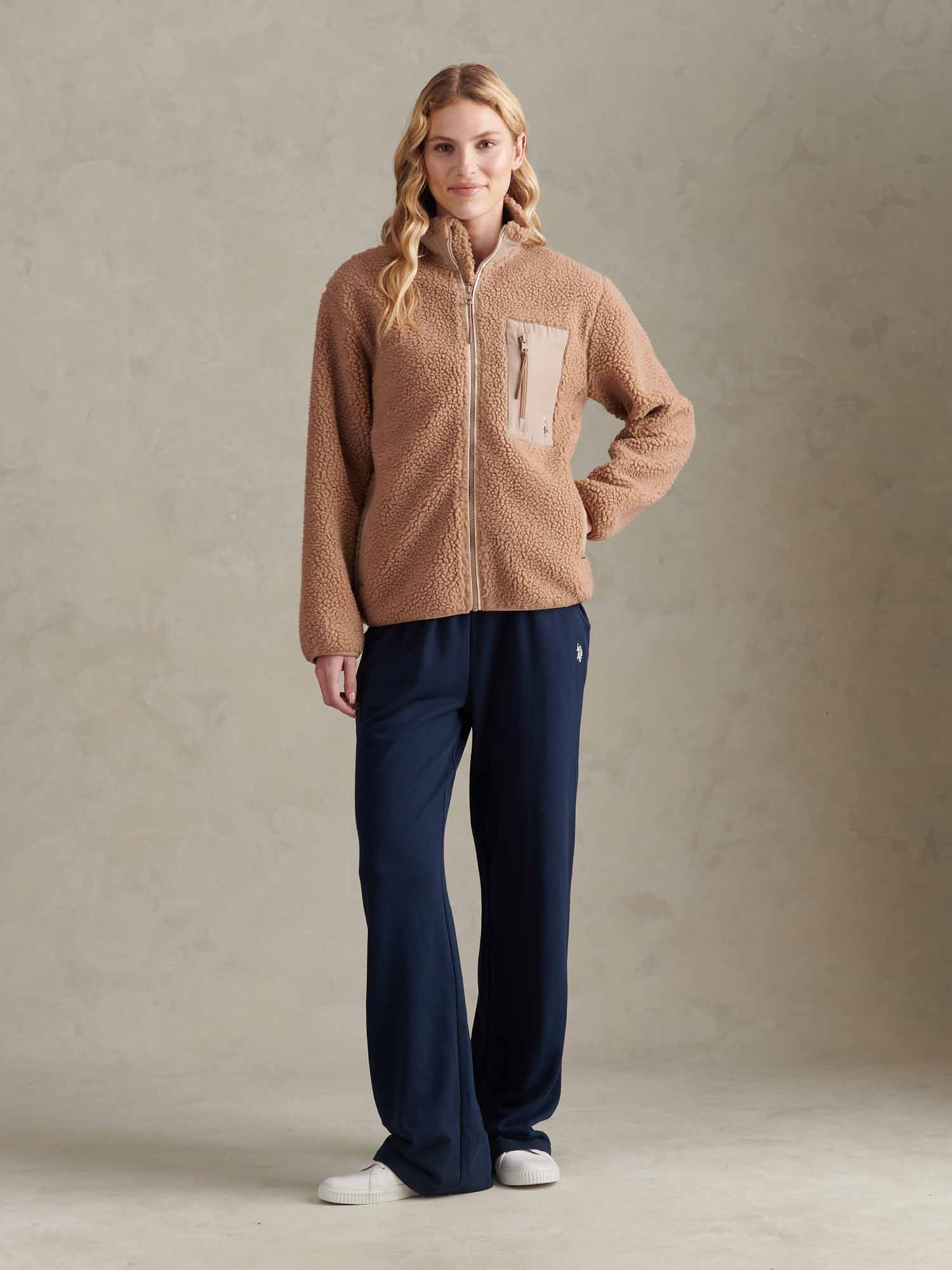 Womens Double Horsemen Borg Zip Funnel in Natural - Image 5
