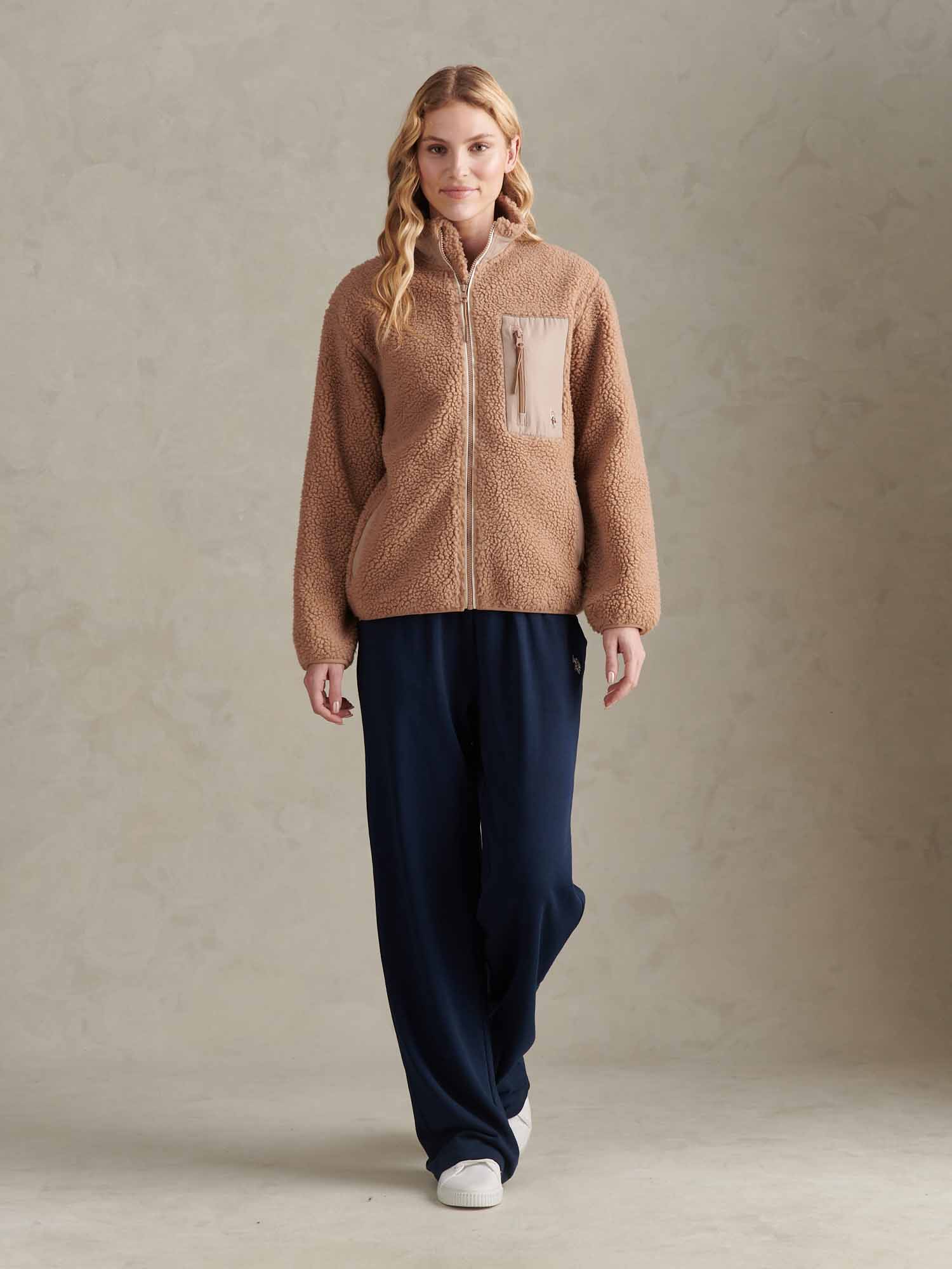 Womens Double Horsemen Borg Zip Funnel in Natural - Image 6