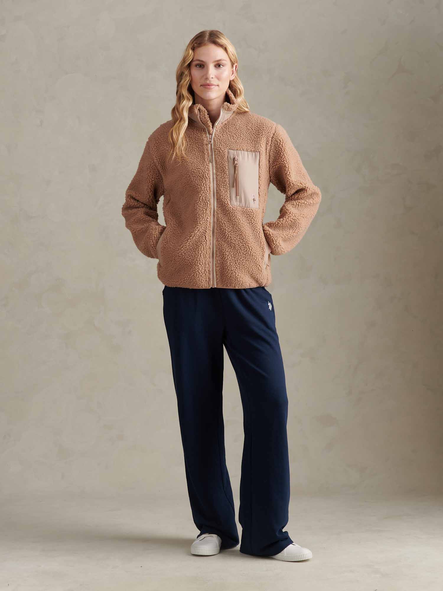 Womens Double Horsemen Borg Zip Funnel in Natural - Image 7