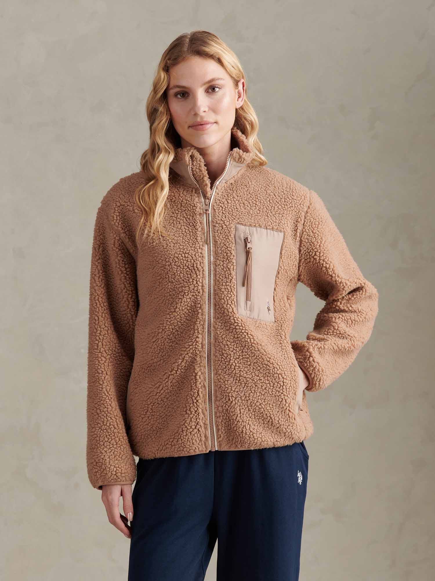 Womens Double Horsemen Borg Zip Funnel in Natural - Image 8