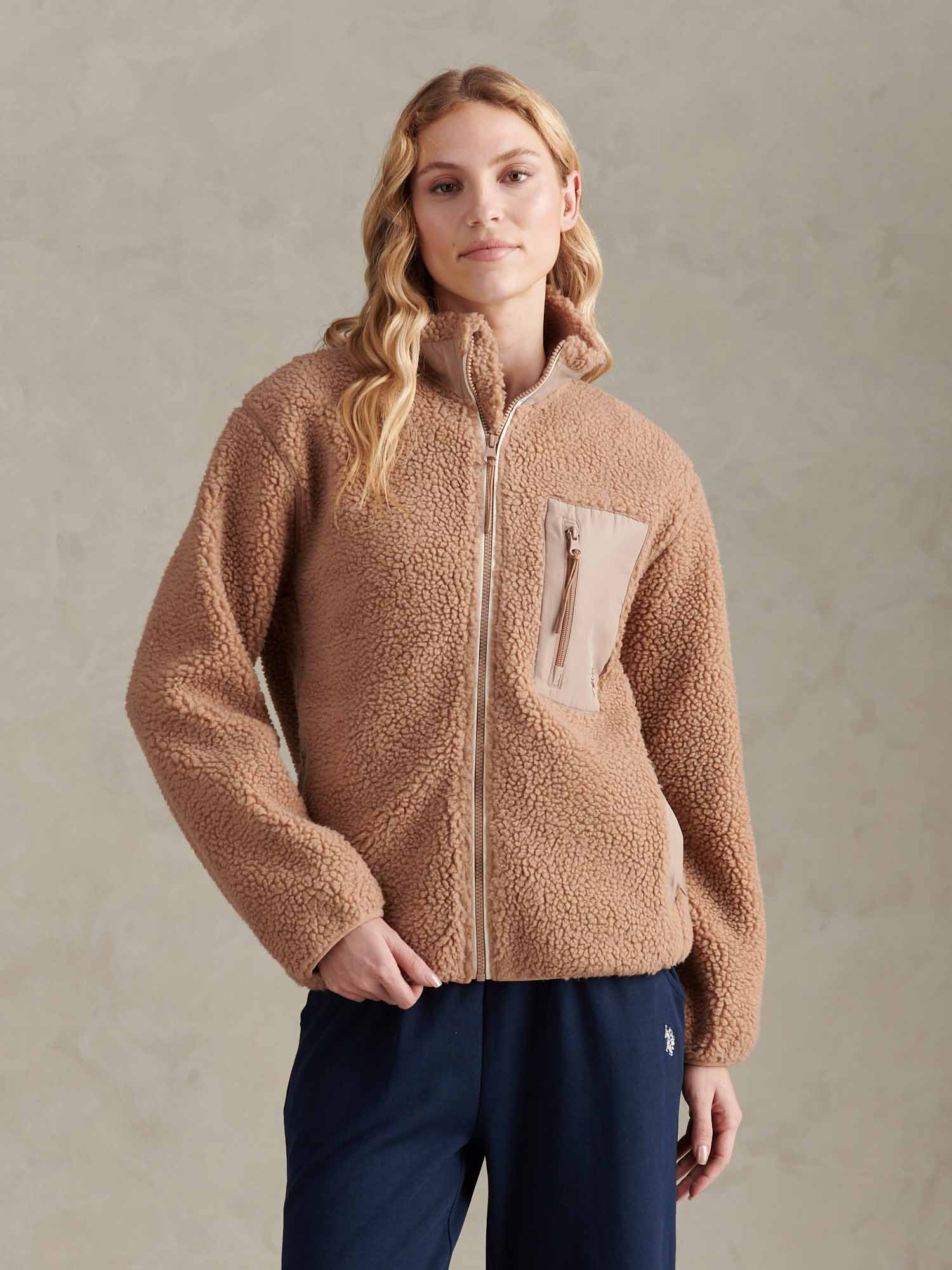 Womens Double Horsemen Borg Zip Funnel in Natural - Image 9