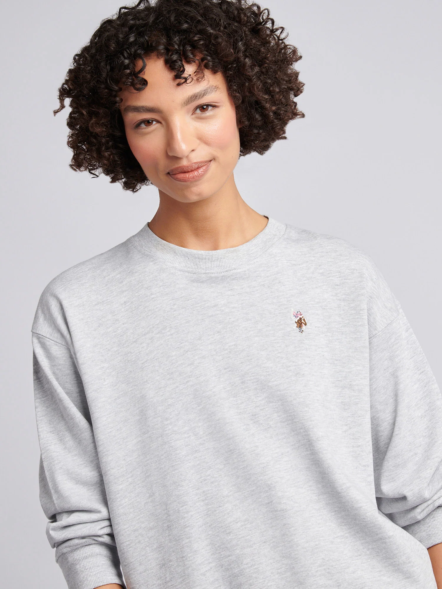 Womens Double Horsemen Crew Sweatshirt in Pearl Grey Marl - Image 2