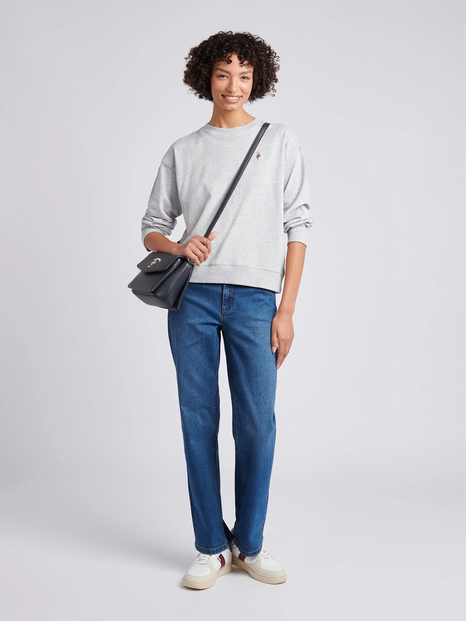 Womens Double Horsemen Crew Sweatshirt in Pearl Grey Marl - Image 3