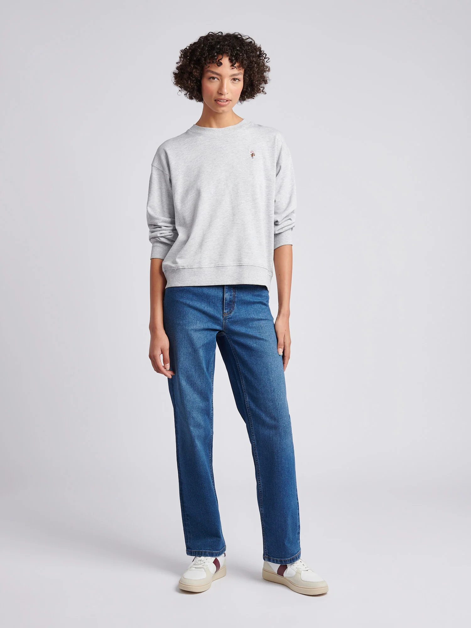 Womens Double Horsemen Crew Sweatshirt in Pearl Grey Marl - Image 5