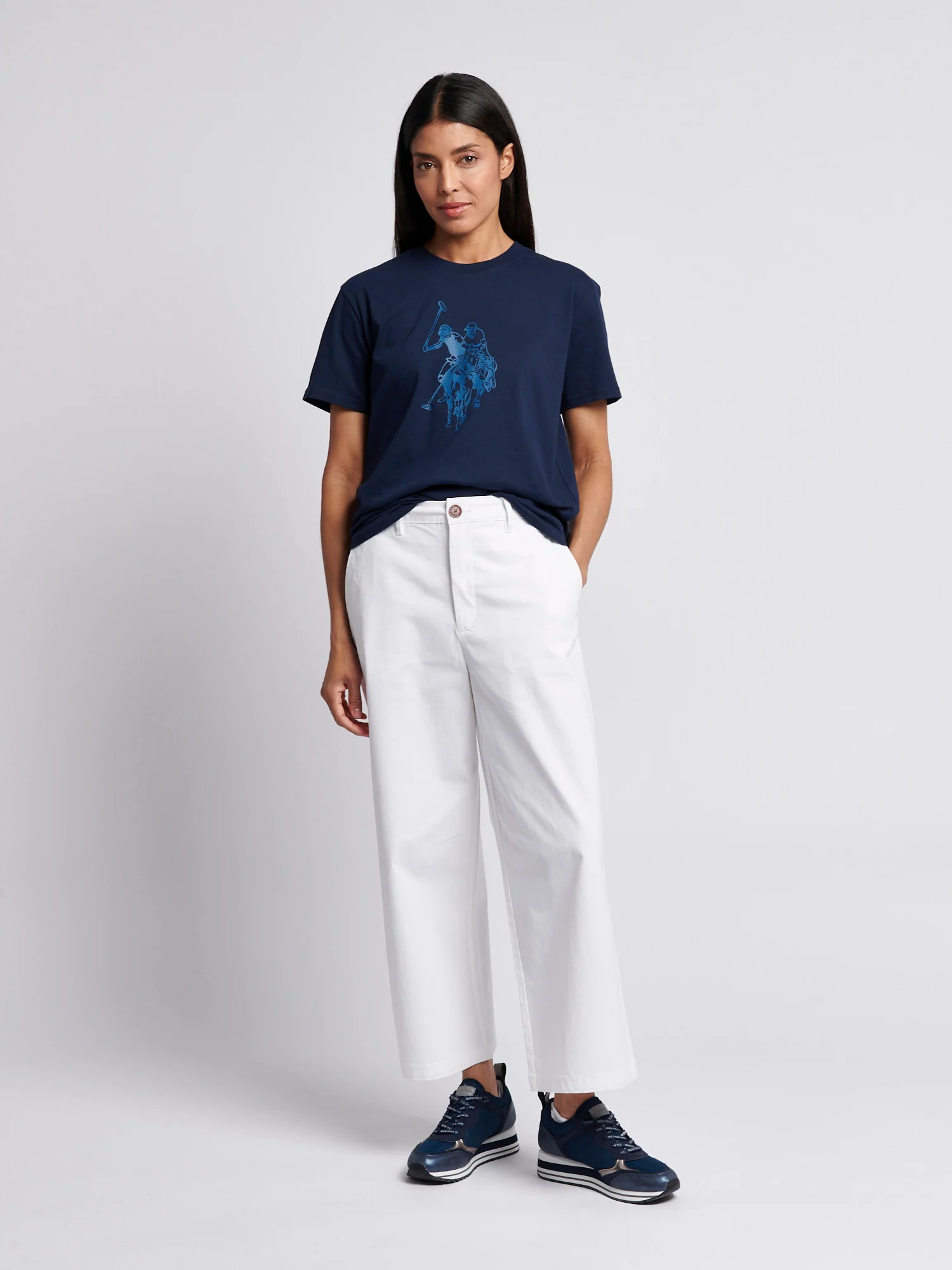 Womens Double Horsemen Print Crew Neck T-Shirt in Navy Iris - Image 3