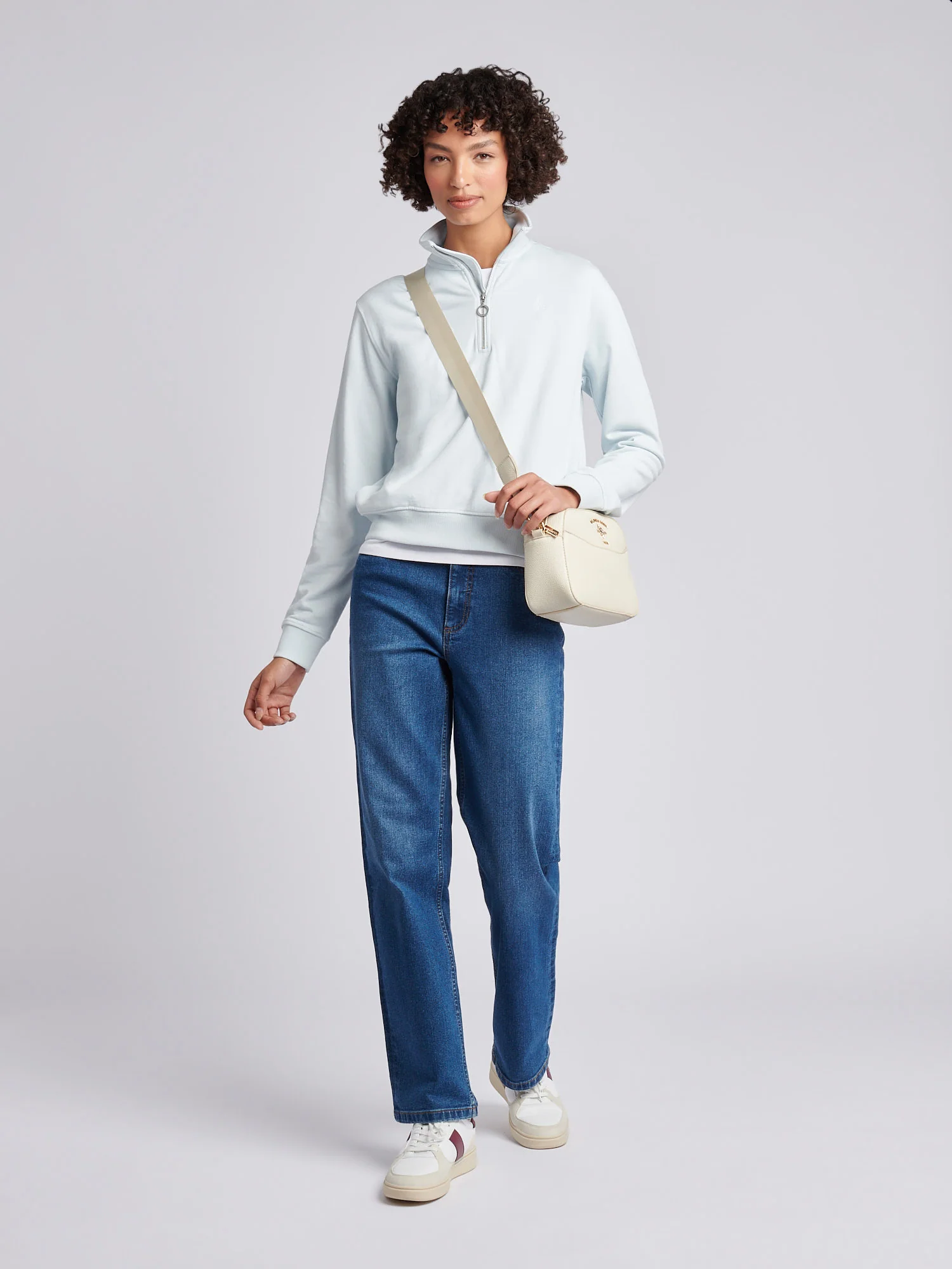 Womens Double Horsemen ¼ Zip Sweat in Ballad Blue - Image 3