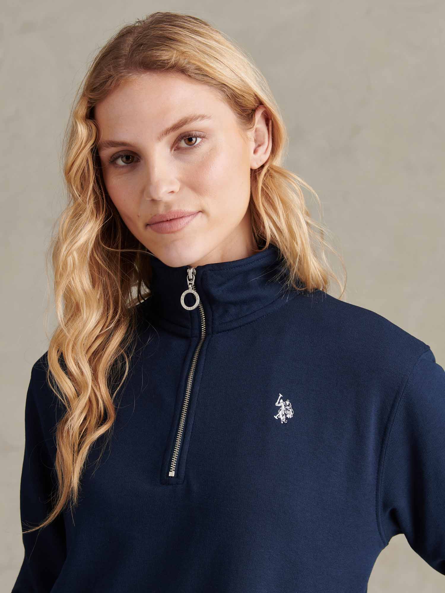 Womens Double Horsemen ¼ Zip Sweat in Navy Iris - Image 2