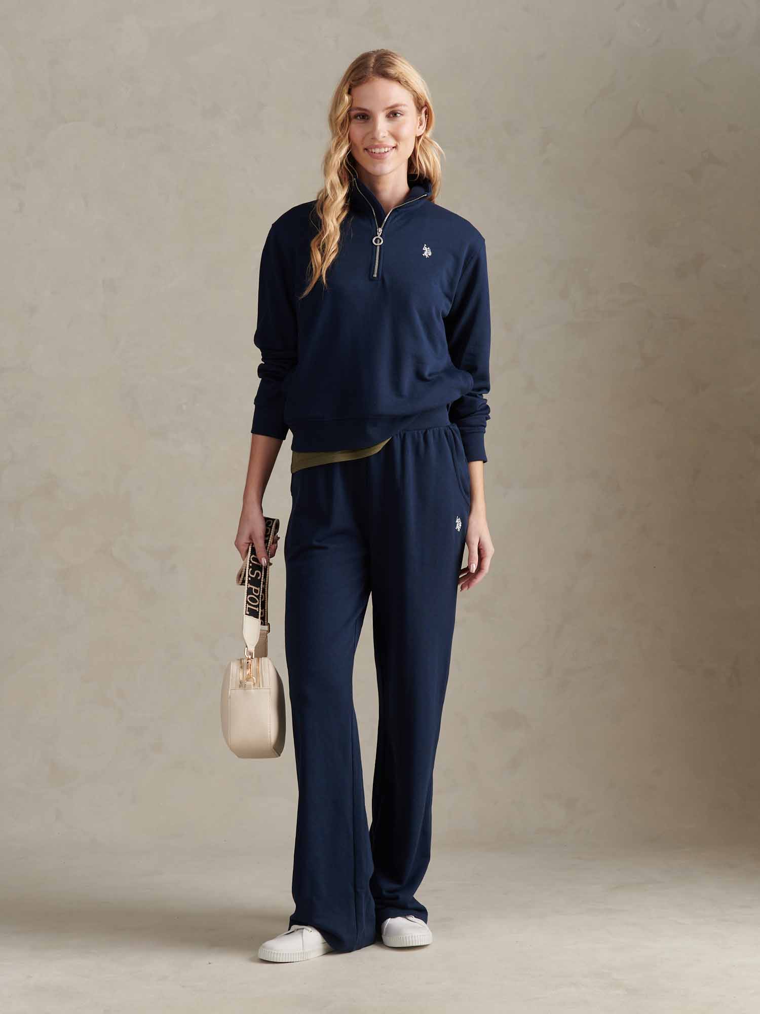 Womens Double Horsemen ¼ Zip Sweat in Navy Iris - Image 3