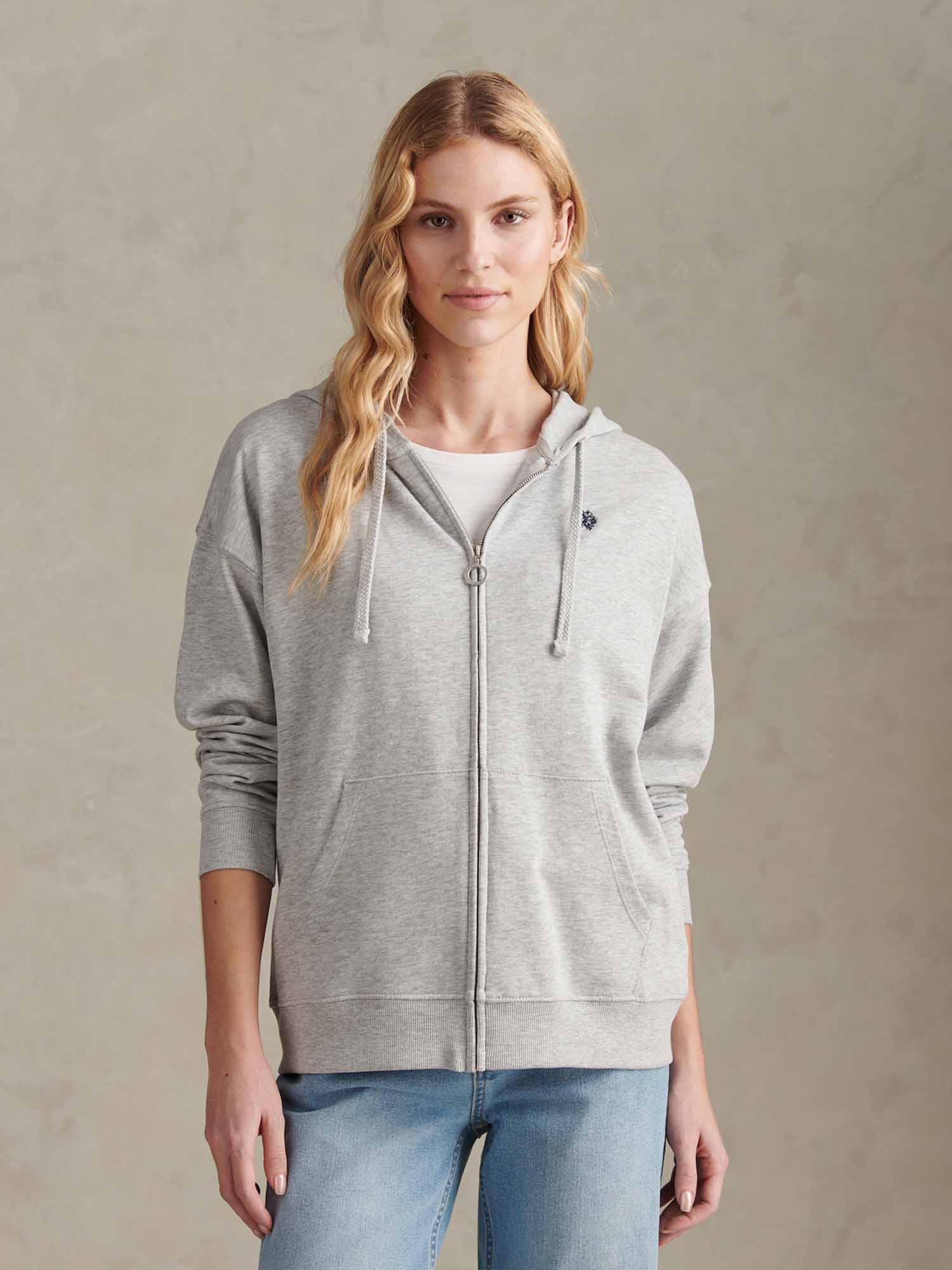 Womens Double Horsemen Zip Through Sweatshirt in Pearl Grey Marl