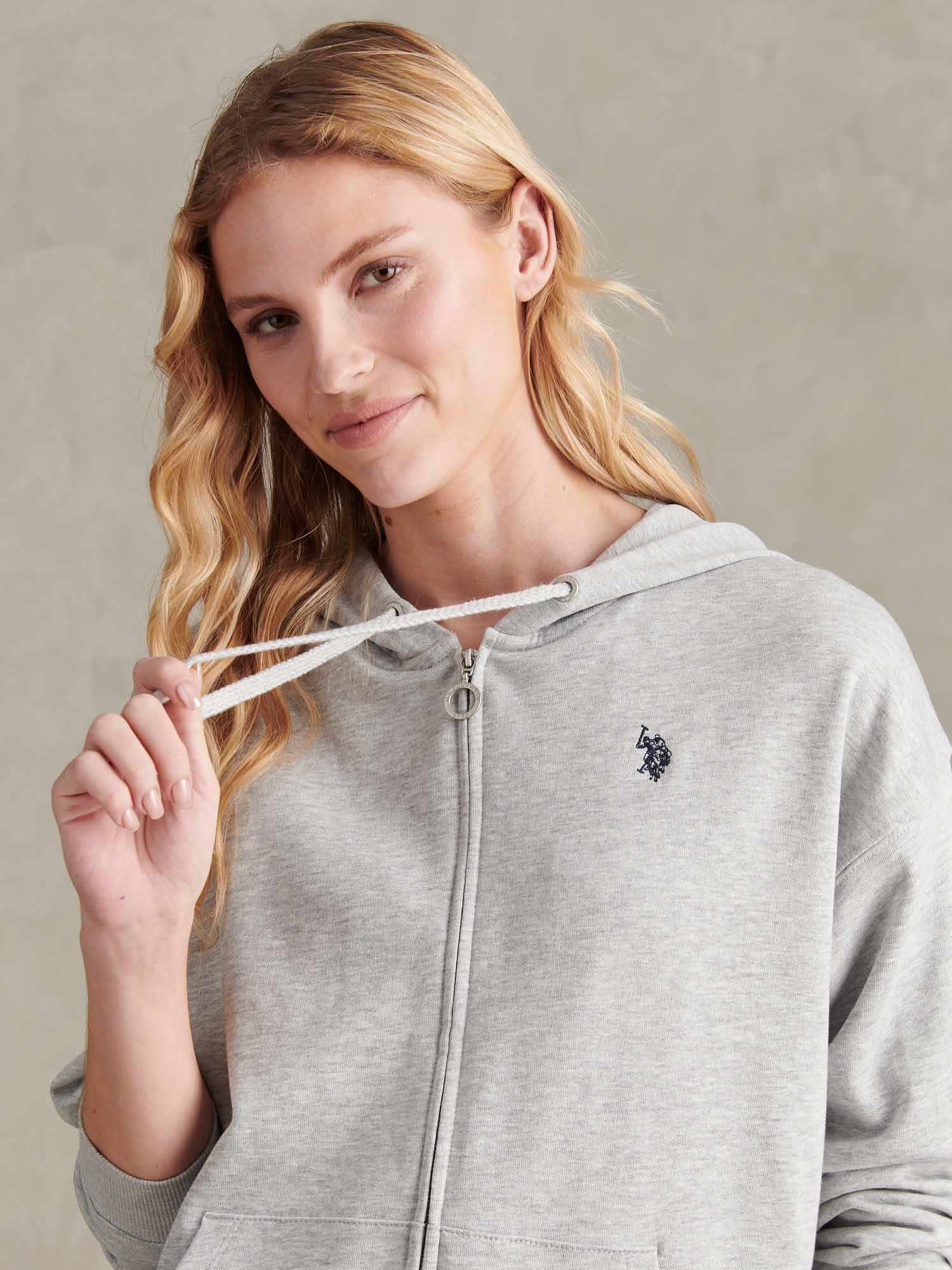 Womens Double Horsemen Zip Through Sweatshirt in Pearl Grey Marl - Image 2