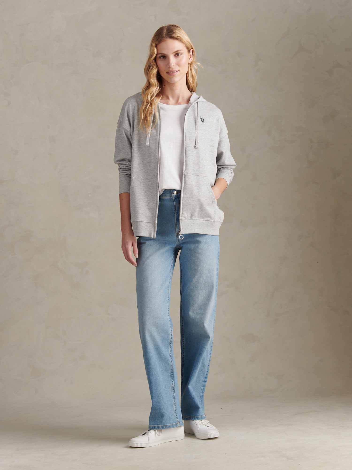 Womens Double Horsemen Zip Through Sweatshirt in Pearl Grey Marl - Image 3