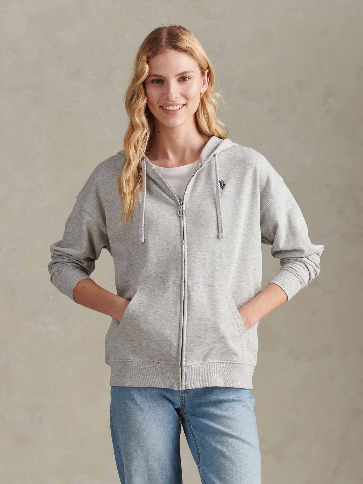 Womens Double Horsemen Zip Through Sweatshirt in Pearl Grey Marl - Image 5