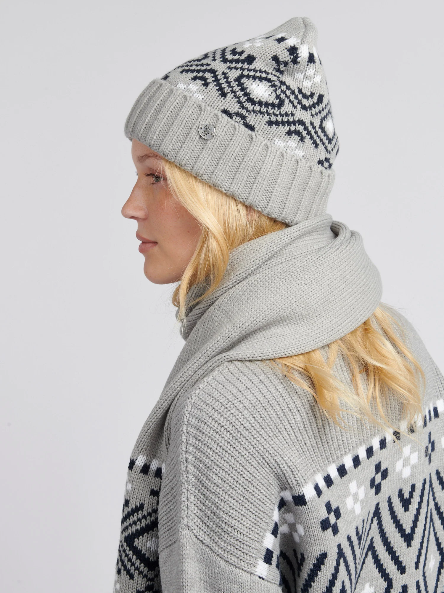 Womens Fair Isle Beanie & Scarf Set in Pearl Grey Marl - Image 2