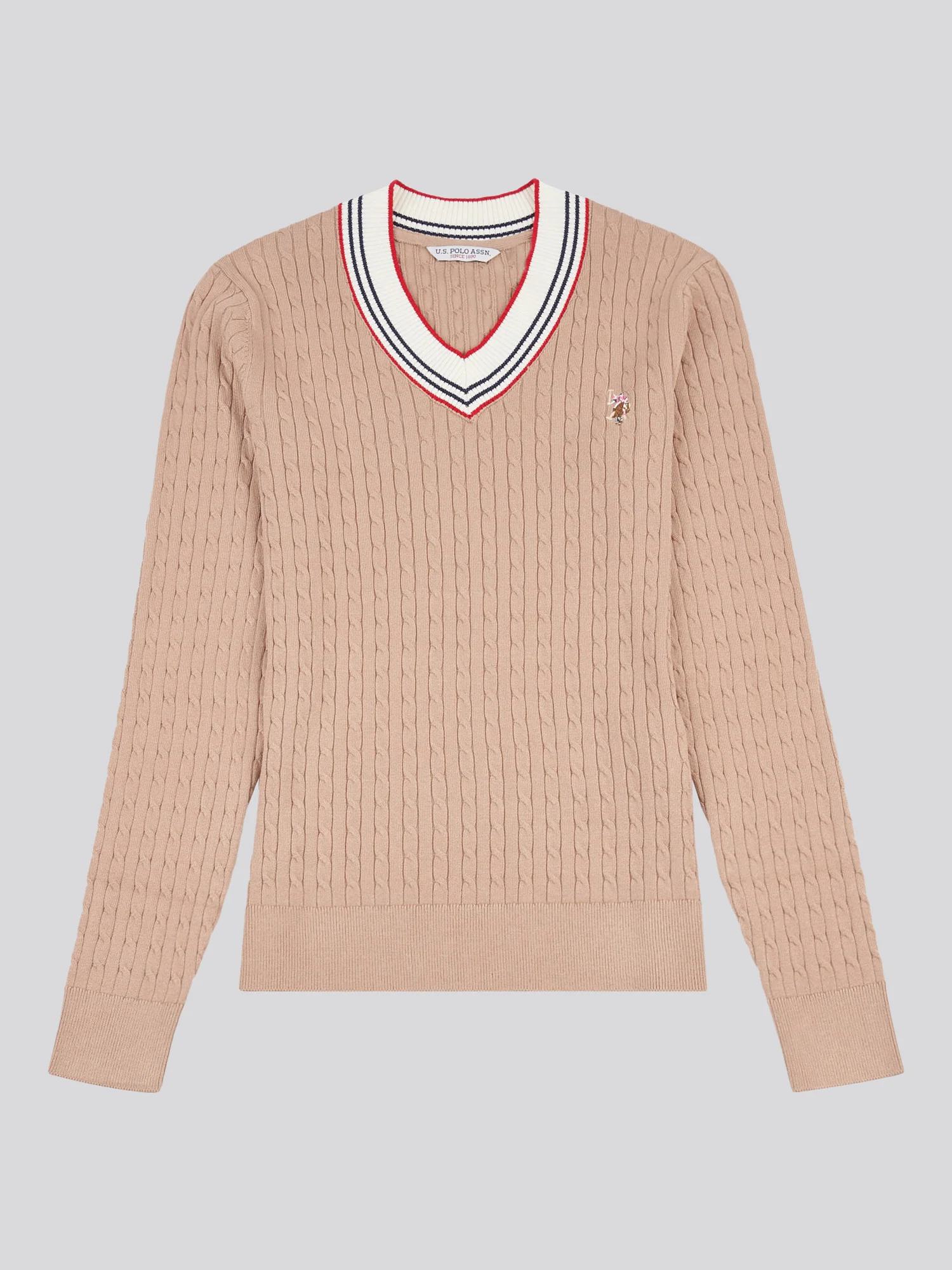 Womens Fine Cable Contrast V-Neck Jumper in Natural - Image 5