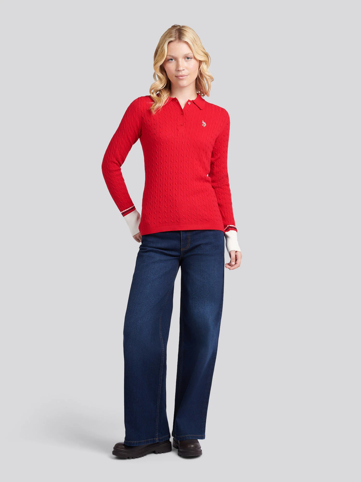 Womens Fine Cable Polo Knit in Jalapeno Red - Image 3