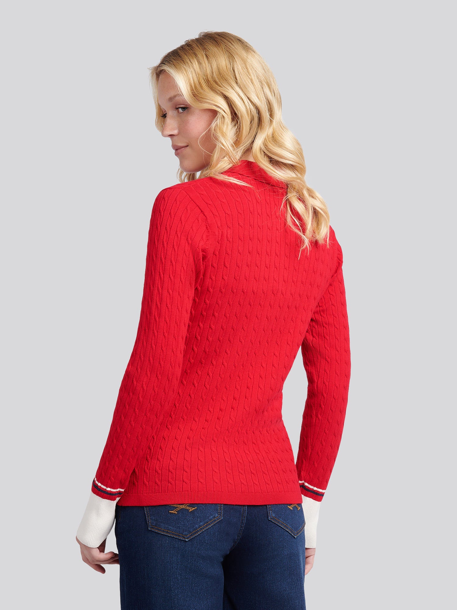 Womens Fine Cable Polo Knit in Jalapeno Red - Image 4