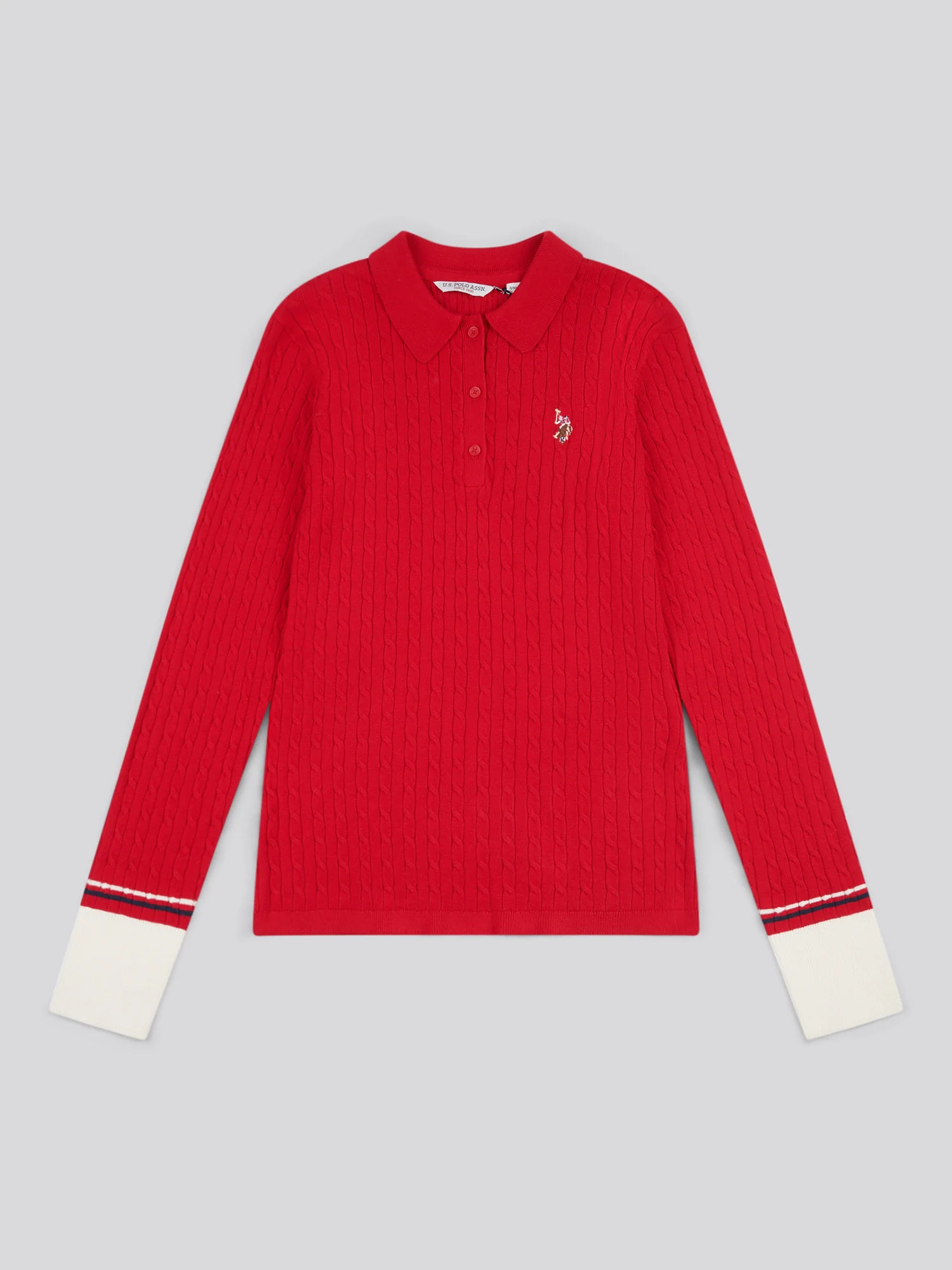 Womens Fine Cable Polo Knit in Jalapeno Red - Image 5