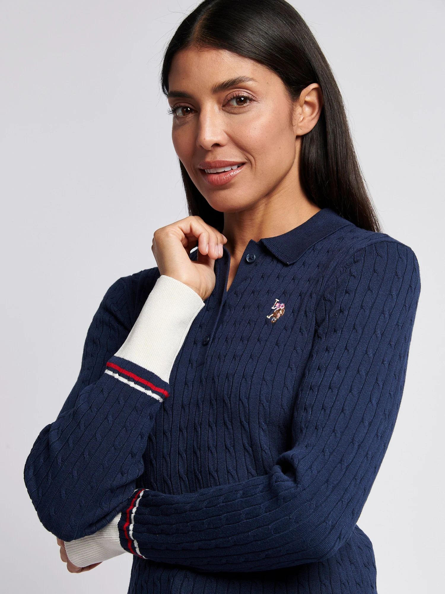 Womens Fine Cable Polo Knit in Navy Iris - Image 2