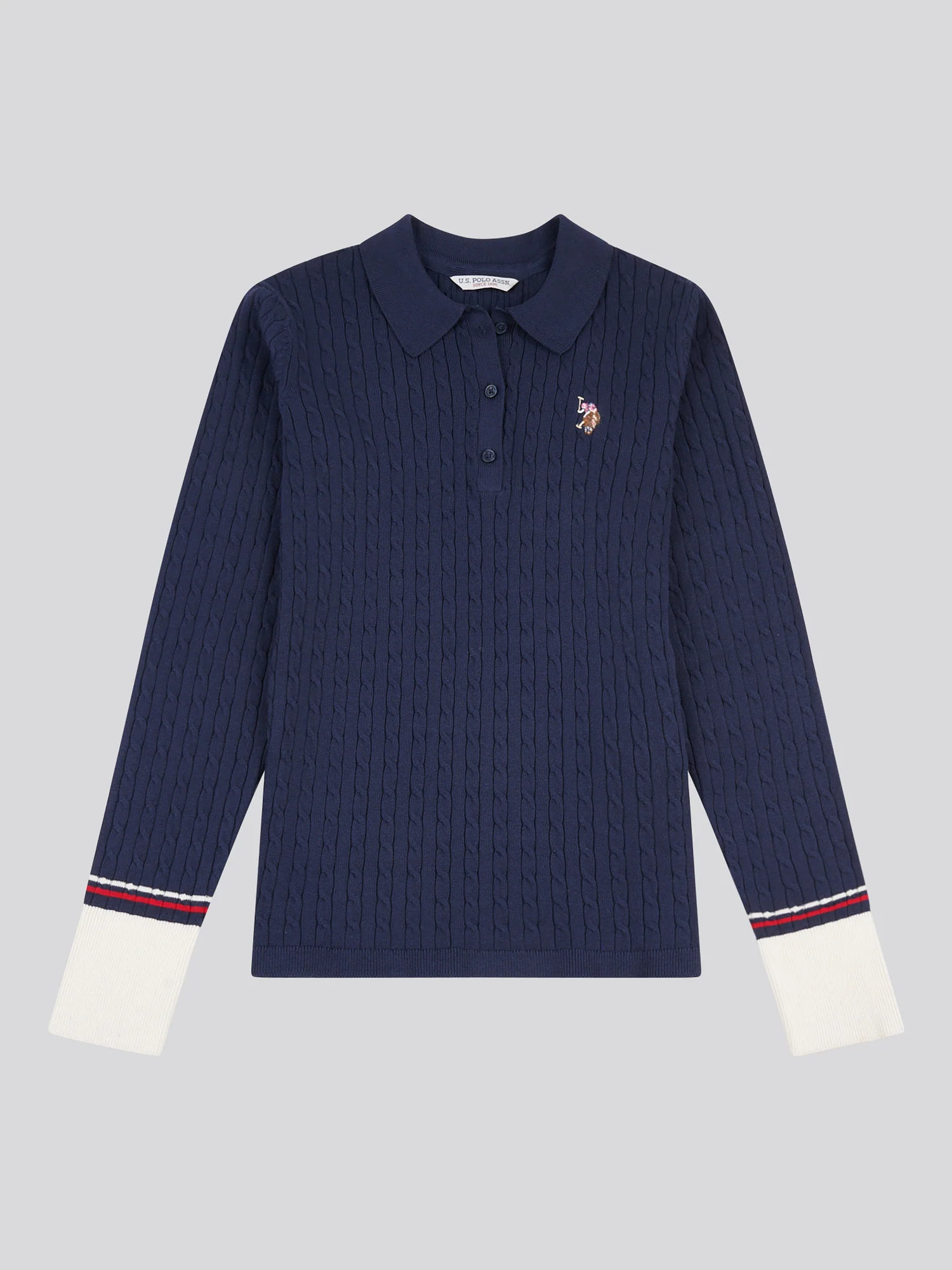 Womens Fine Cable Polo Knit in Navy Iris - Image 5