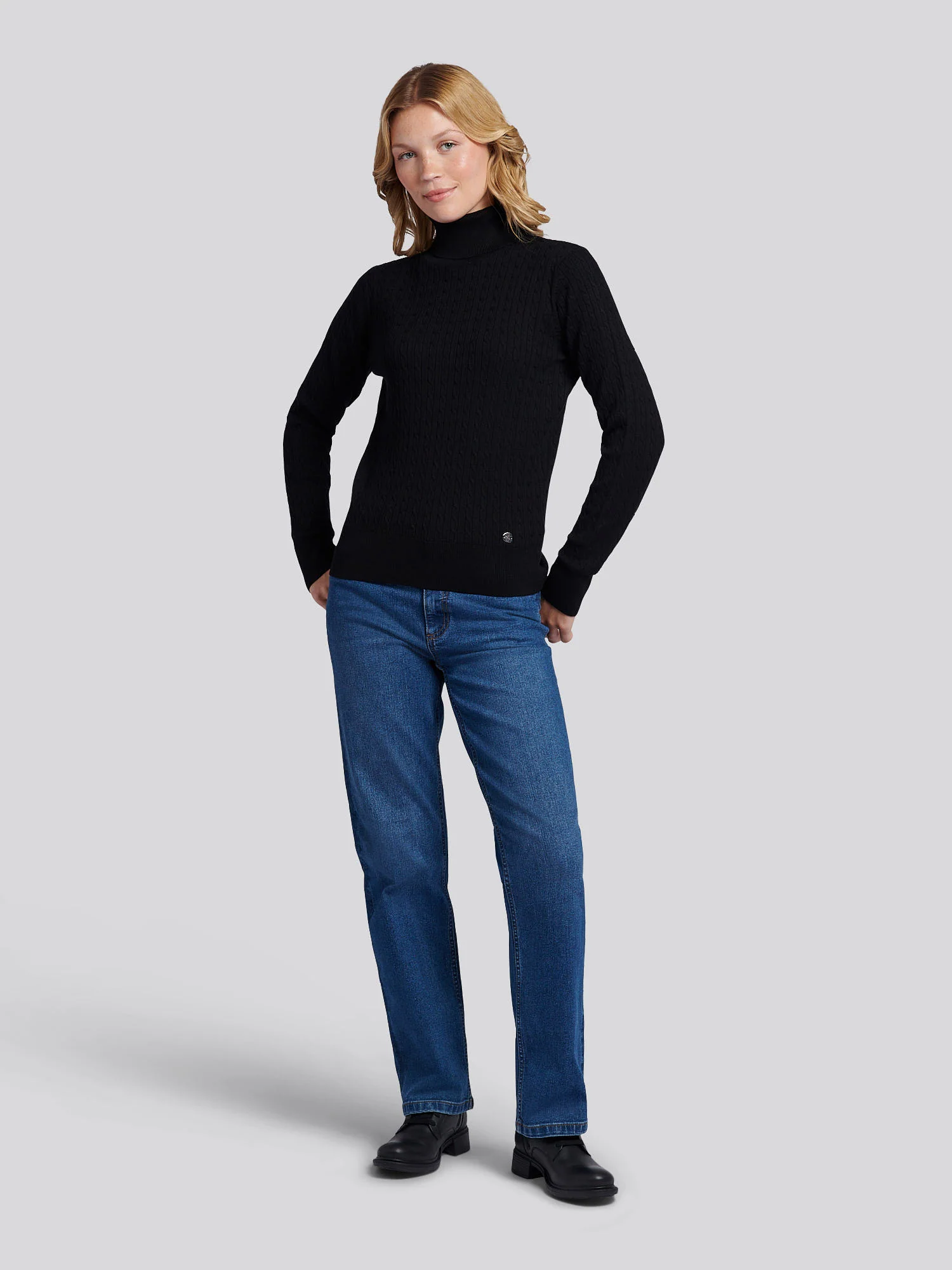 Womens Fine Cable Roll Neck Jumper in Black - Image 3