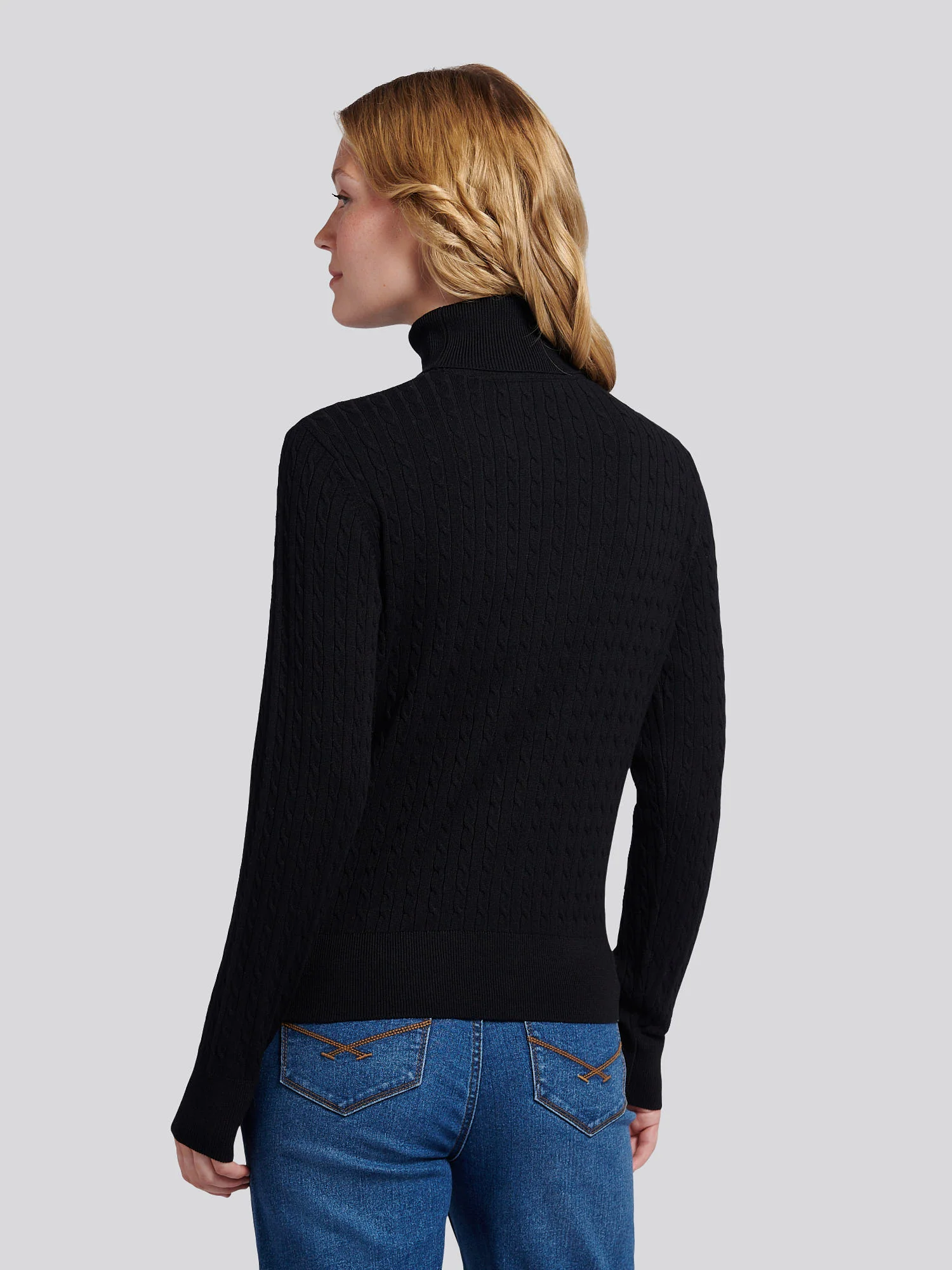 Womens Fine Cable Roll Neck Jumper in Black - Image 4