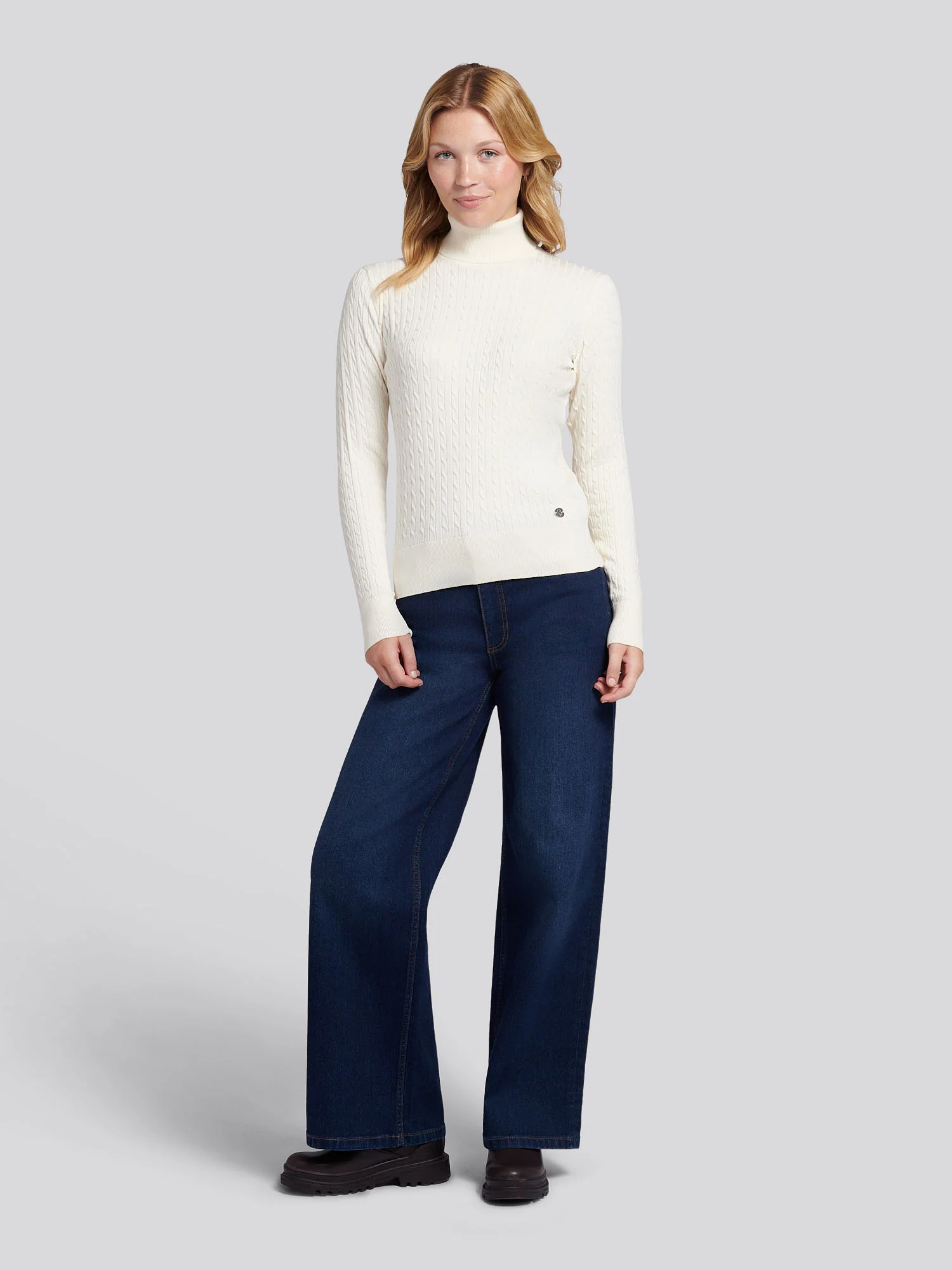 Womens Fine Cable Roll Neck Jumper in Egret - Image 3