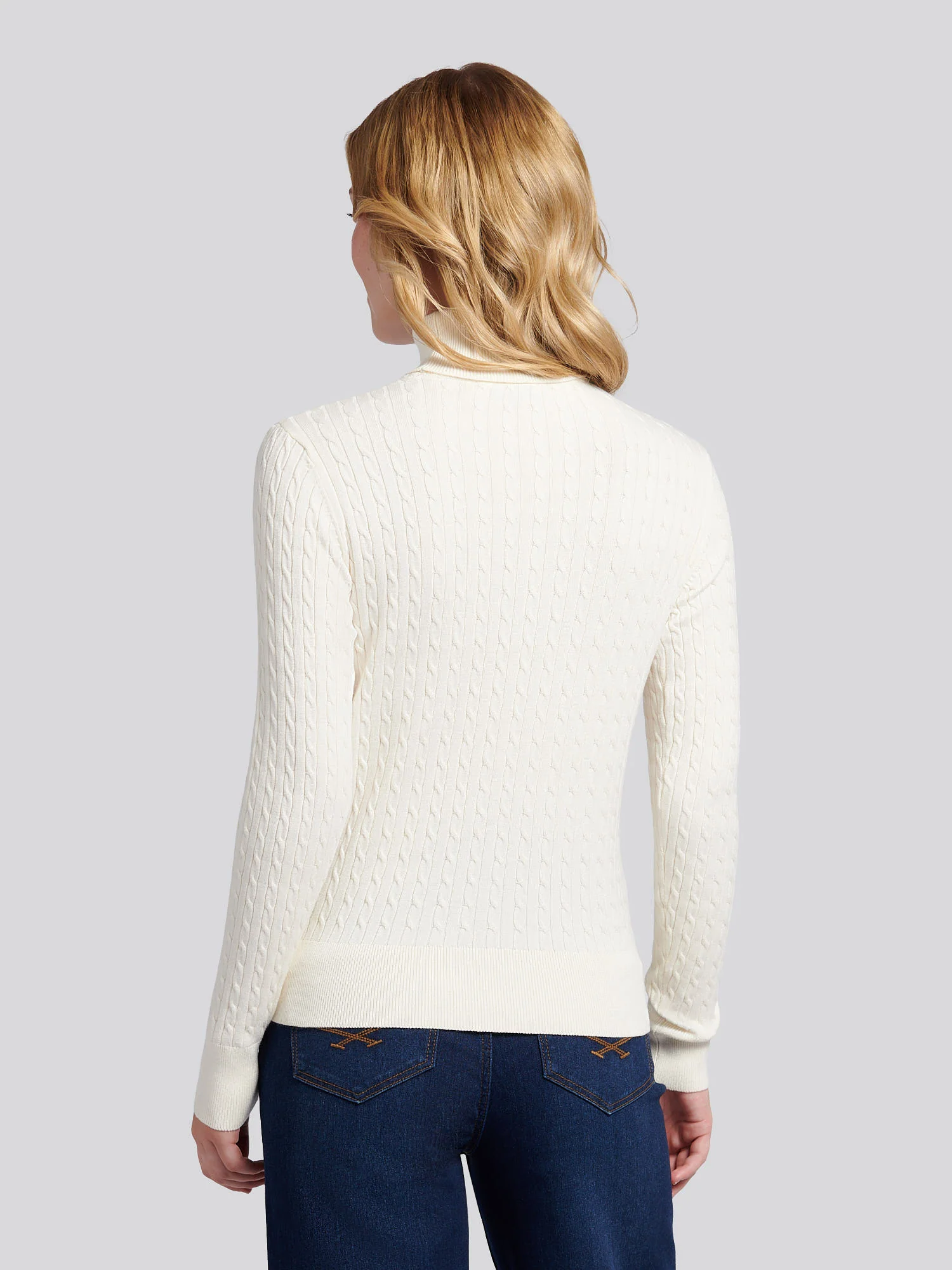 Womens Fine Cable Roll Neck Jumper in Egret - Image 4