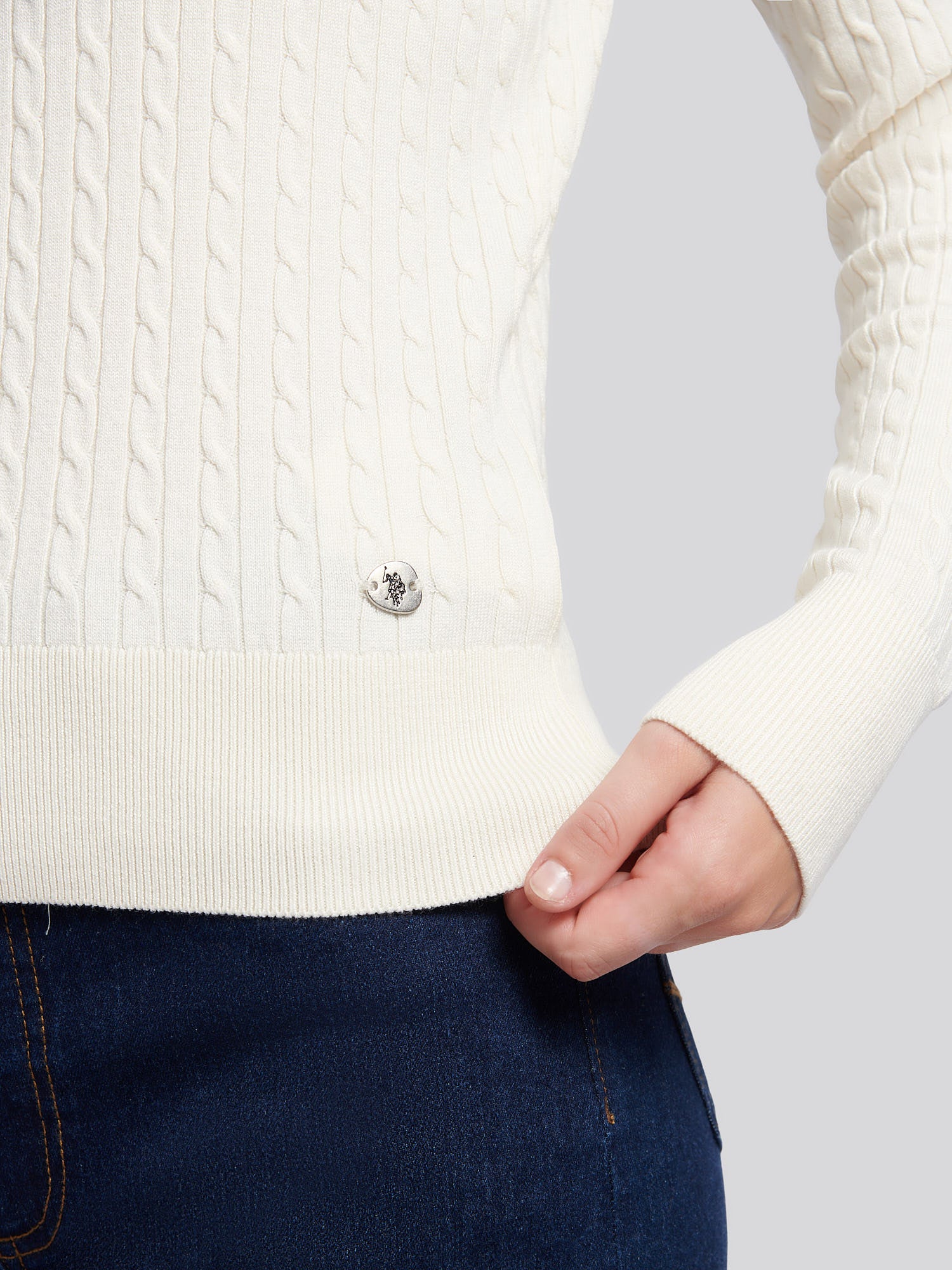 Womens Fine Cable Roll Neck Jumper in Egret - Image 5