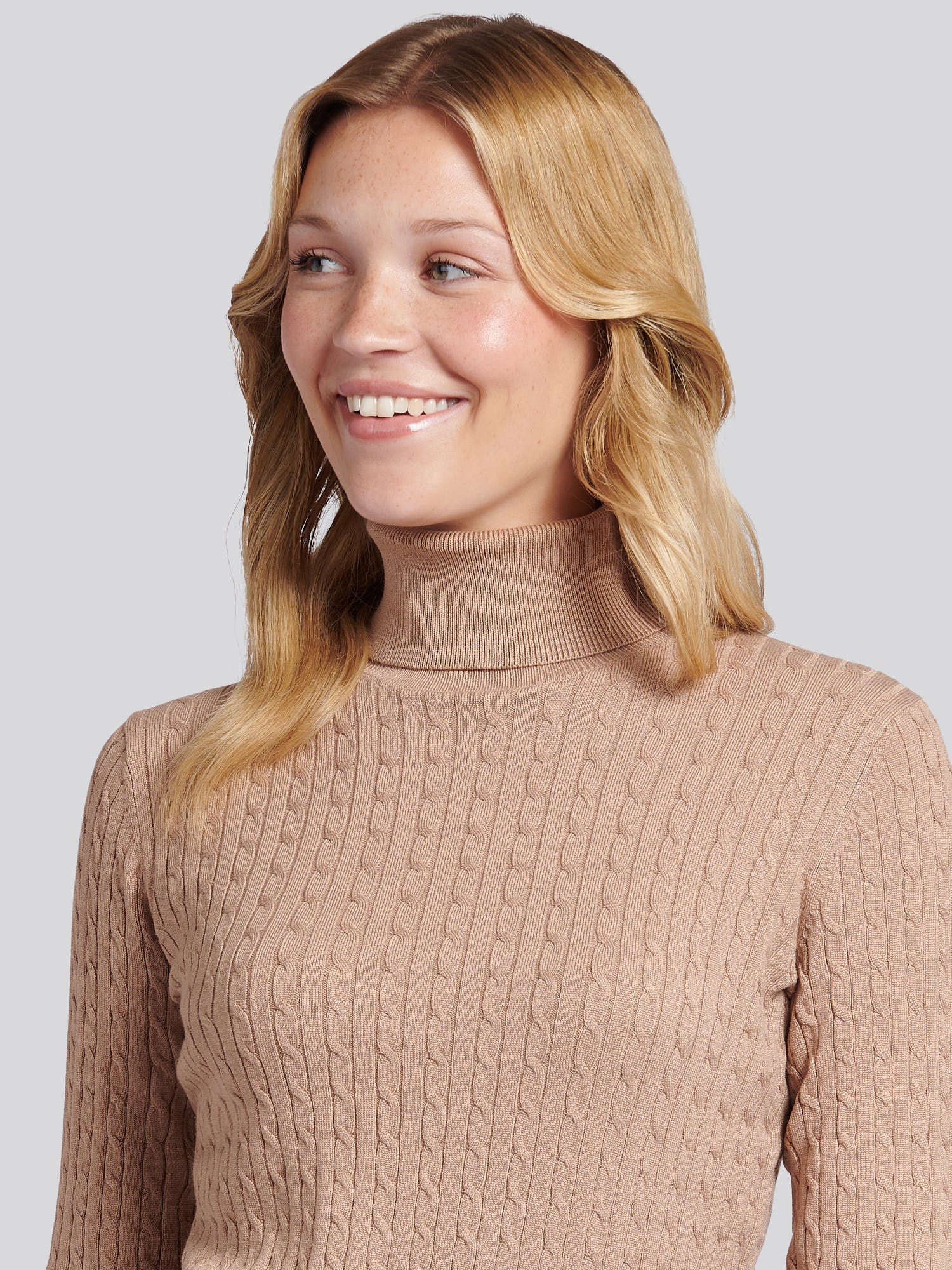 Womens Fine Cable Roll Neck Jumper in Natural - Image 2